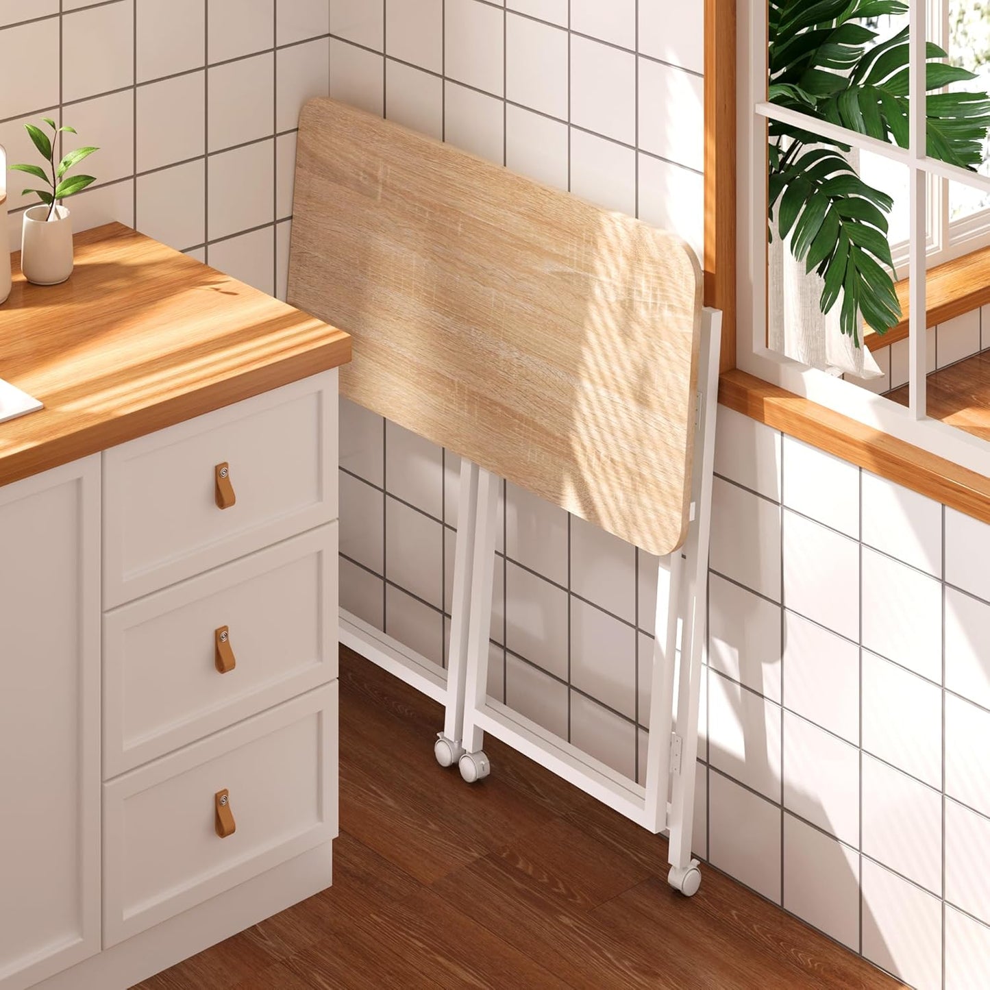 4NM 27.5" Mobile Small Rolling Computer Desk, Folding Laptop Cart Table with Wheels, Portable Office Desk for Small Space Couch Bed - Natural and White