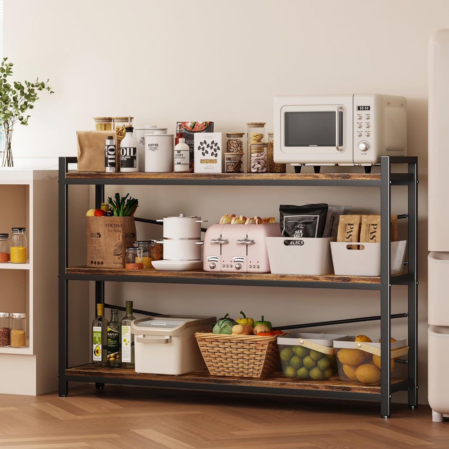 3 Tier Bookshelf 47.24" Width, Wood and Metal Etagere Bookcase, Vintage Farmhouse Modern Wooden Large Book Shelf for Home Living Room Bedroom Office Storage(Rustic Brown)