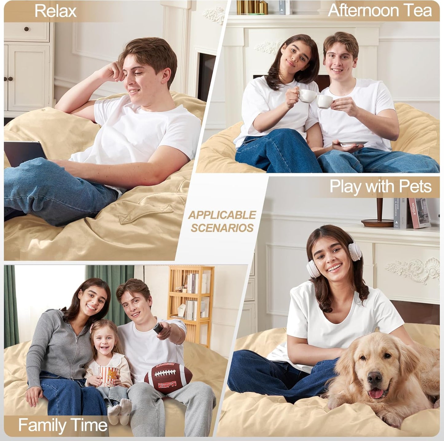 Homguava 6FT Bean Bag Chair Giant BeanBag with Memory Foam Filled, Large Bean Bag Chairs for Adults, Adult Bean Bag Chair with Dutch Velvet Cover for Living Room Bedroom-Khaki