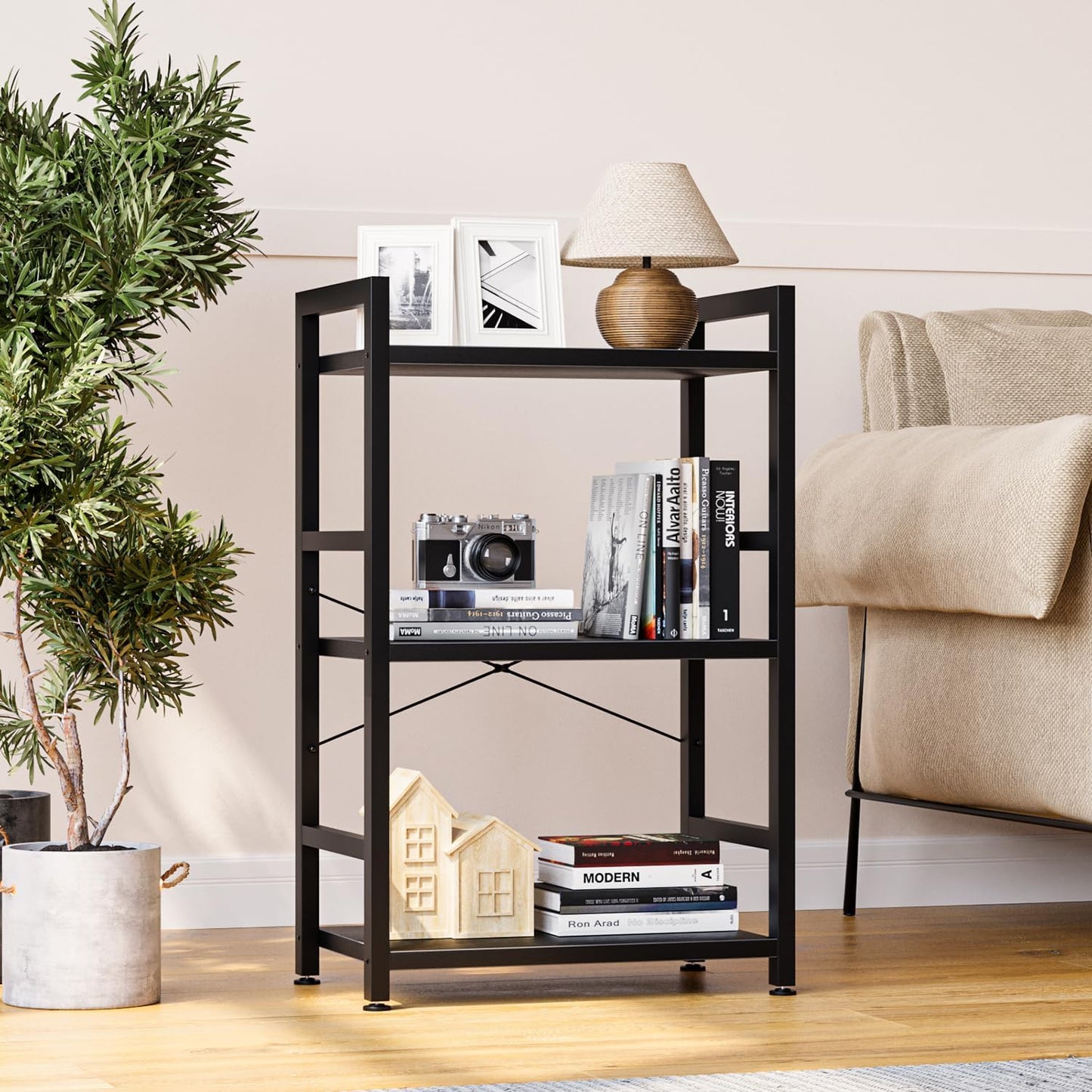 NUMENN 3 Tier Slim Bookshelf, Bookcase Shelf Storage Organizer, Modern Book Shelf for Bedroom, Living Room and Home Office, Black