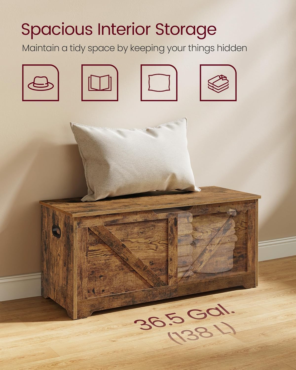 VASAGLE Storage Chest, Storage Trunk with 2 Safety Hinges, Storage Bench, Shoe Bench, Farmhouse Style, 15.7 x 39.4 x 18.1 Inches, for Entryway, Bedroom, Living Room, Rustic Brown ULSB060T01