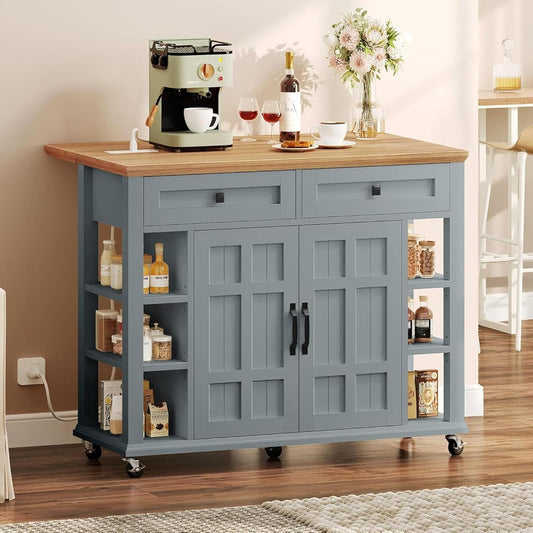 DWVO Rolling Kitchen Island with Drop Leaf, Mobile Storage Islands with Power Outlet Foldable Tabletop, 2 Drawers and Open Shelves, for Living Room, Dining Room, Blue Gray