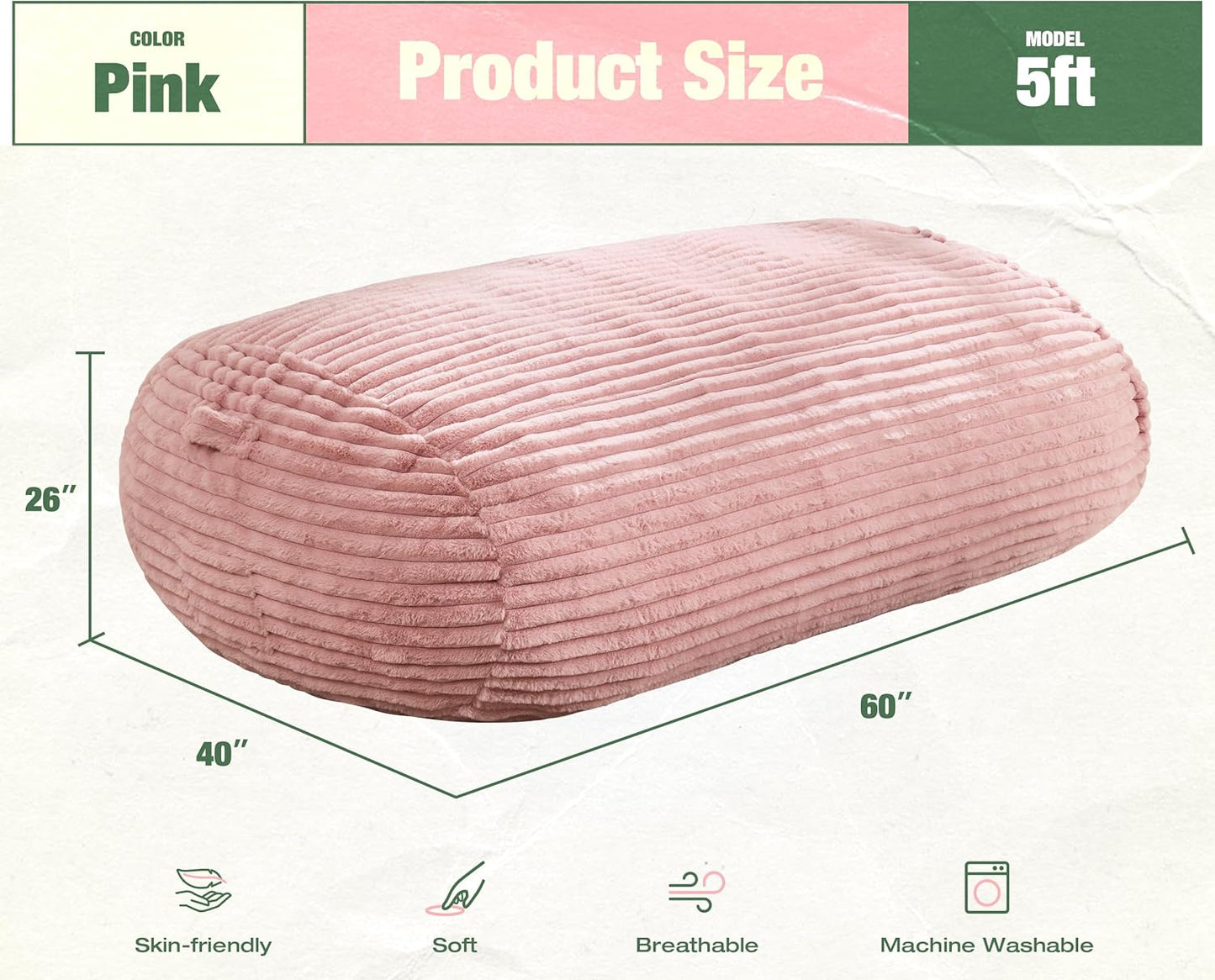 Hobestluk 5FT Bean Bag Chairs Adult Bean Bag with Portable Handle Comfy Large Bean Bag Lounge Chair with Removable Cover for Living Room Bedroom (Stripe Pink, 5FT)