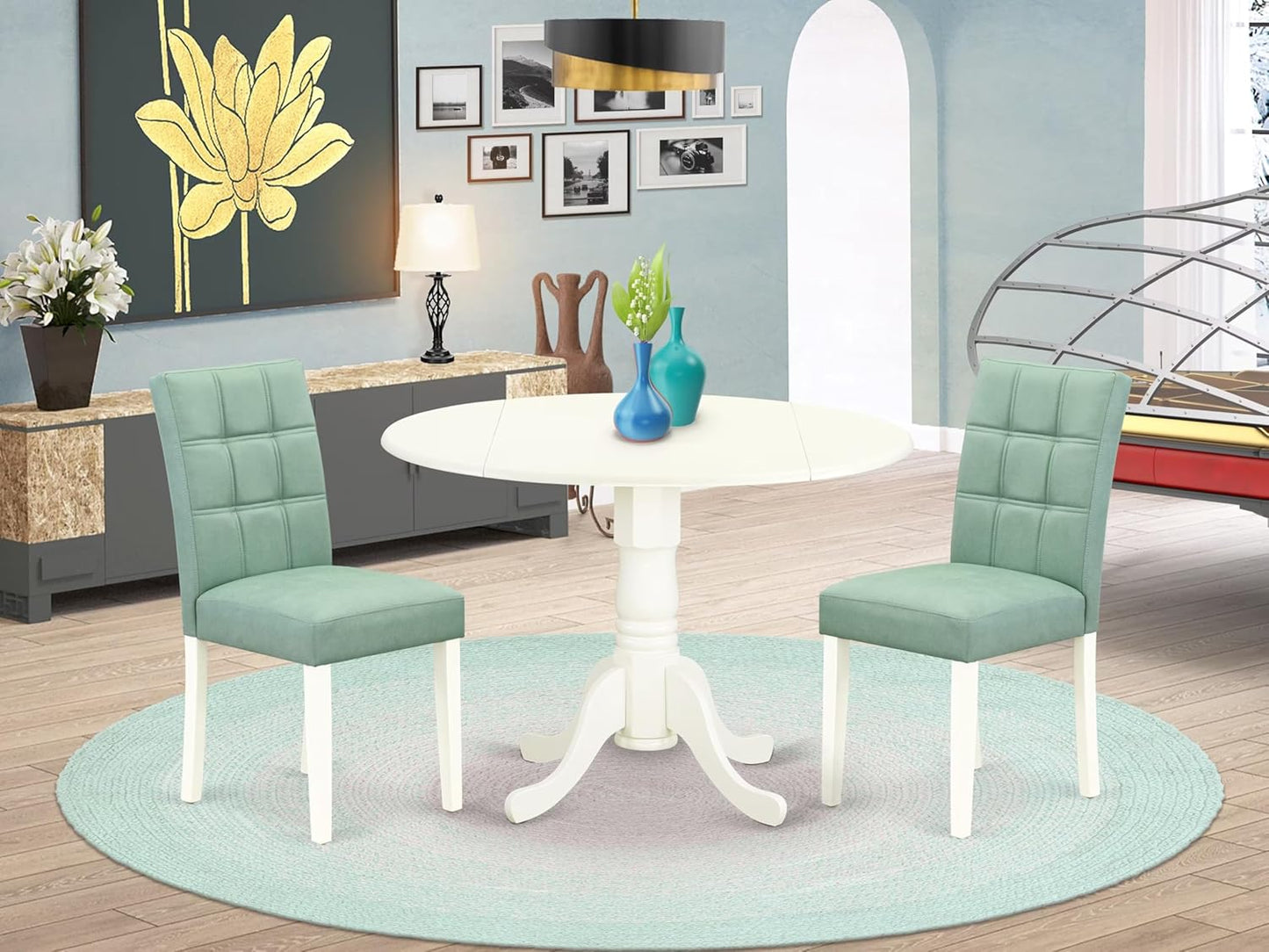 East West Furniture DLAS3-WHI-43 3 Piece Modern Dining Set contain A Wood Dining Table and 2 Willow Green Polyester Fabric Mid Century Chairs, Linen White