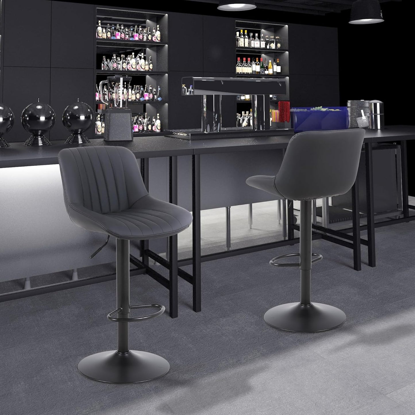 Bar Stools Set of 3, Swivel Counter Height Barstools with Back, Adjustable PU Leather Bar Chairs, Modern Armless Kitchen Island Stool, Black