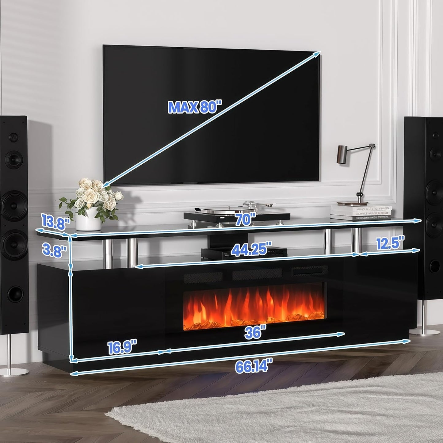 70" Fireplace TV Stand for TVs Up to 80", Entertainment Center with 36inch Fireplace, 12 Flame & LED Colors, 2-Tier TV Console & Storage Cabinet