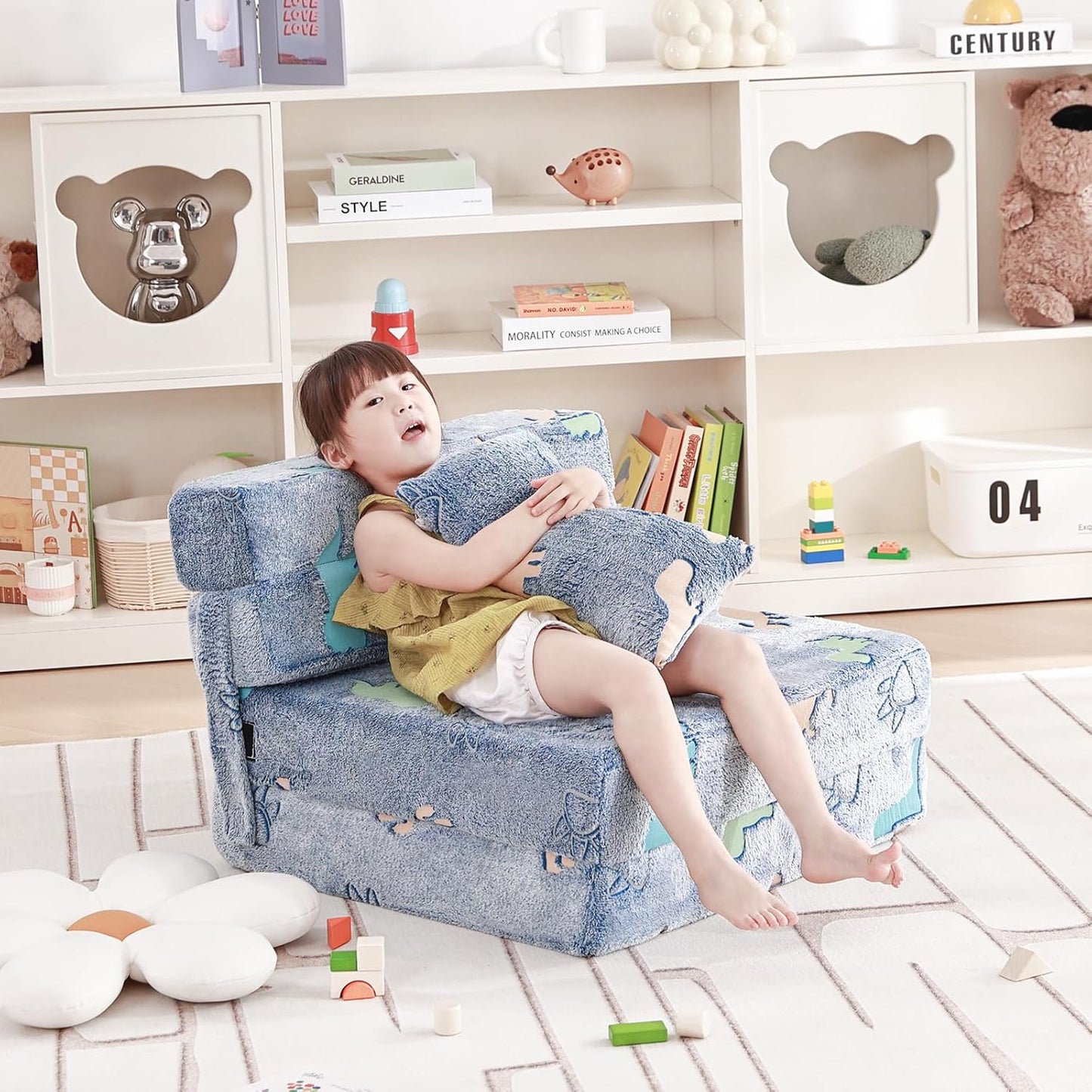 Folding Sofa Bed Floor Mattress for Kids With Pillow - Toddler Glow Washable Nap Mat for Sleeping, Child Fold Up Futon Chair Bed With Storage Bag for Girls Boys