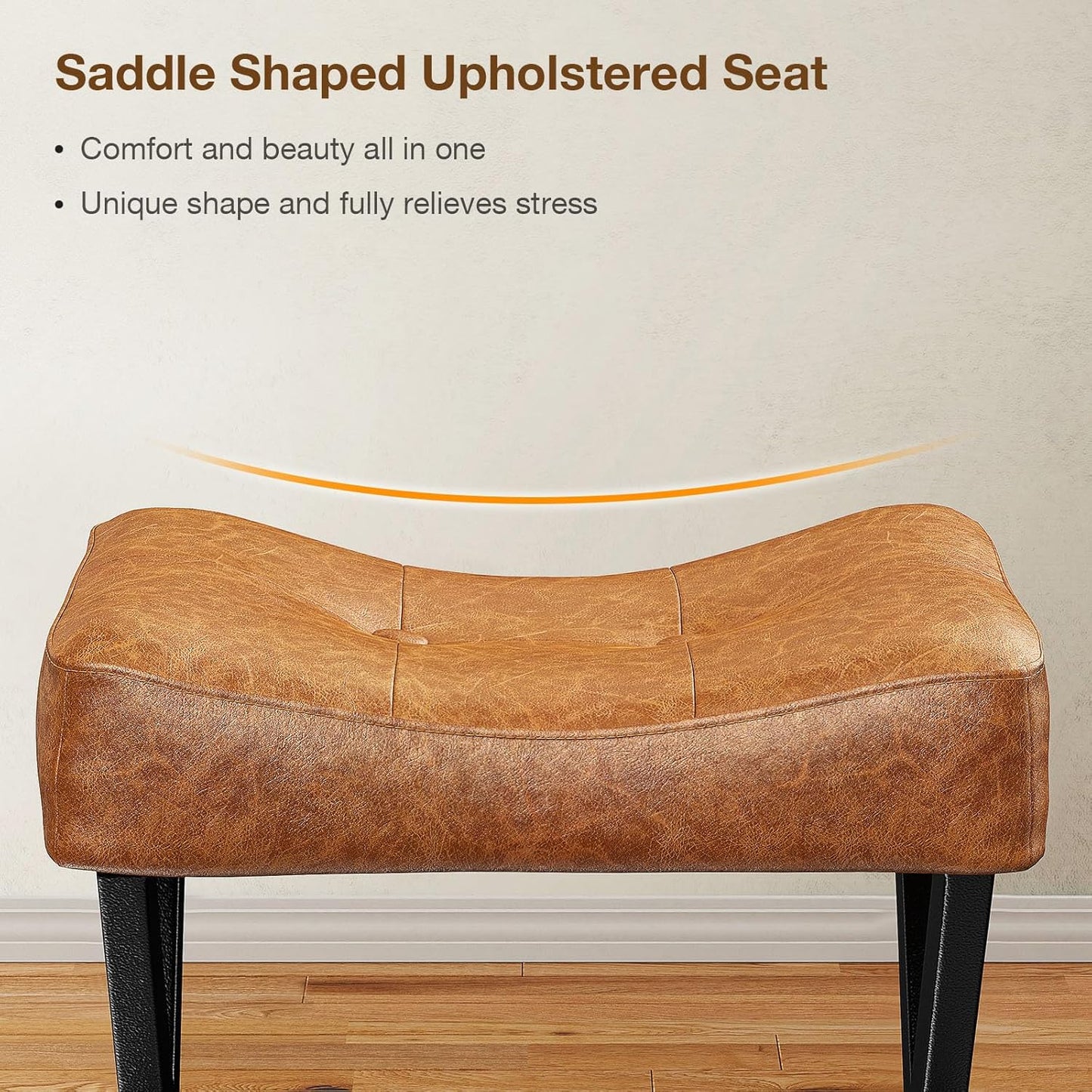 18-Inch Leather Vanity Stool Chair, Vanity Bench with Metal X-Leg, Ottoman Foot Stool with Thick Padded Saddle Seat, Brown