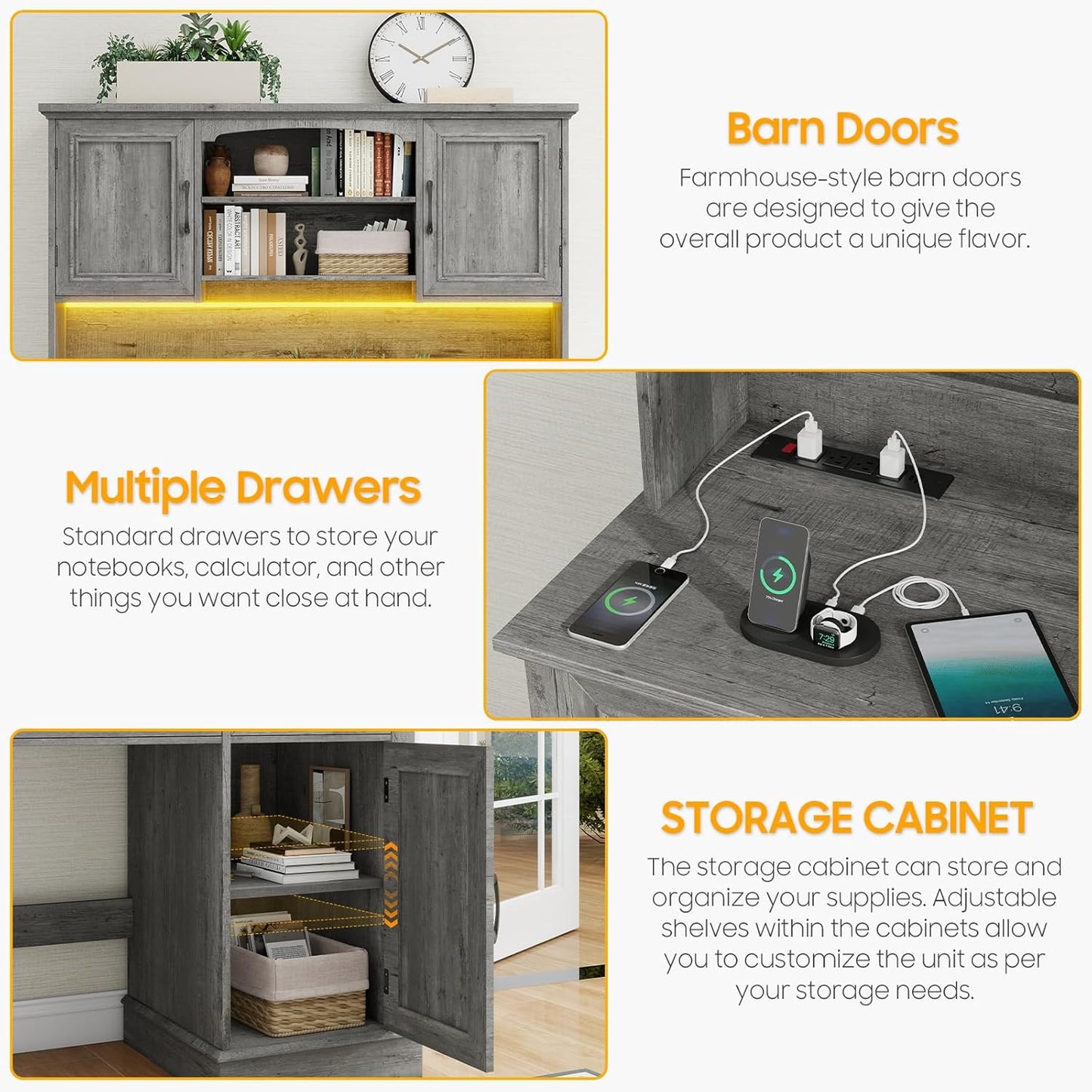 Farmhouse 47" Executive Desk with Hutch, 2 Drawers and LED Light, Computer Desk with Storage Cabinet and Charging Station,Workstation for Home Office and Study.Grey