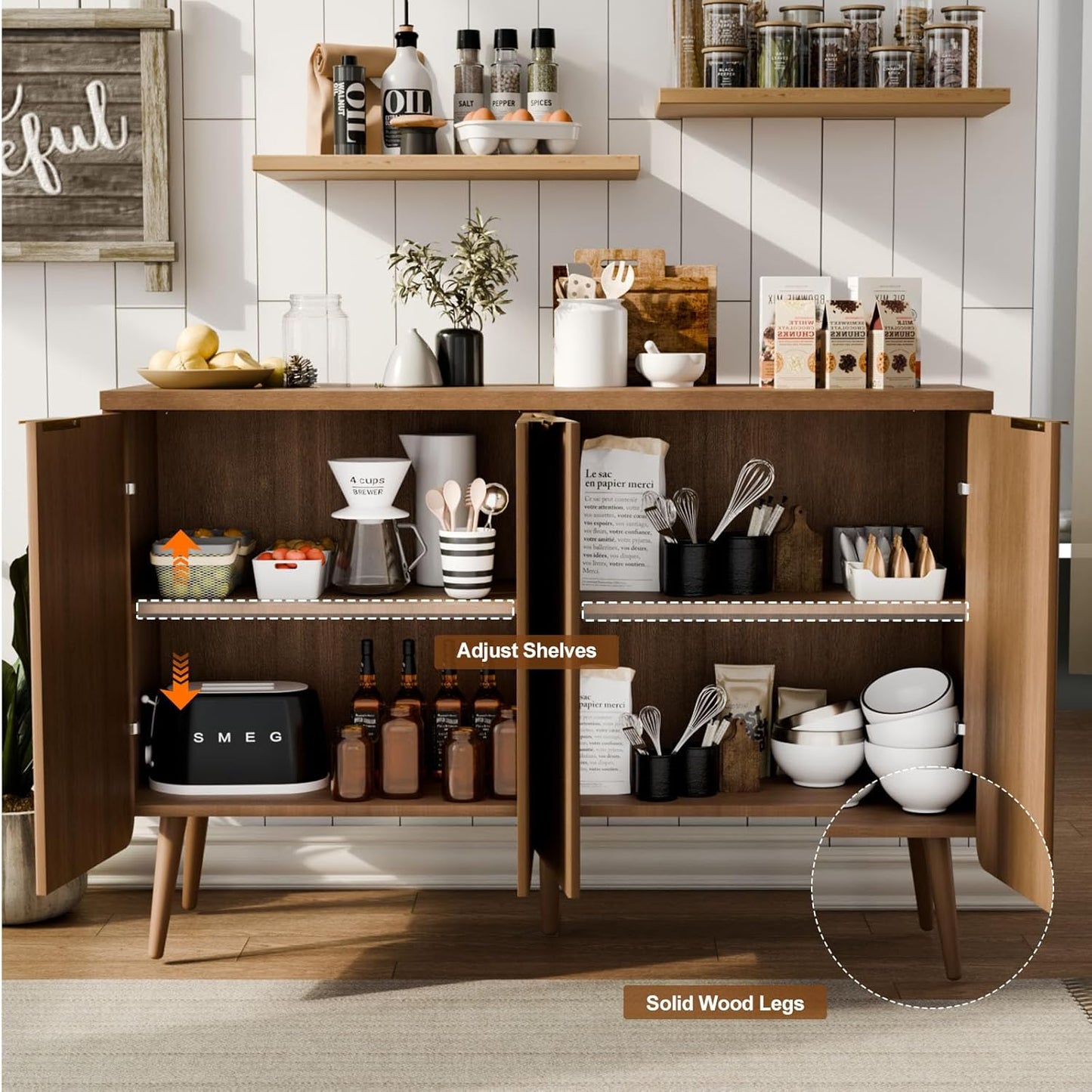 Sideboard Buffet Cabinet with Storage, 4 Doors Wood Entryway Cabinet, Modern Accent Cabinet with Solid Wood Feet & Adjustable Shelves, Multifunctional Console Table for Living Room, Kitchen, Hallway