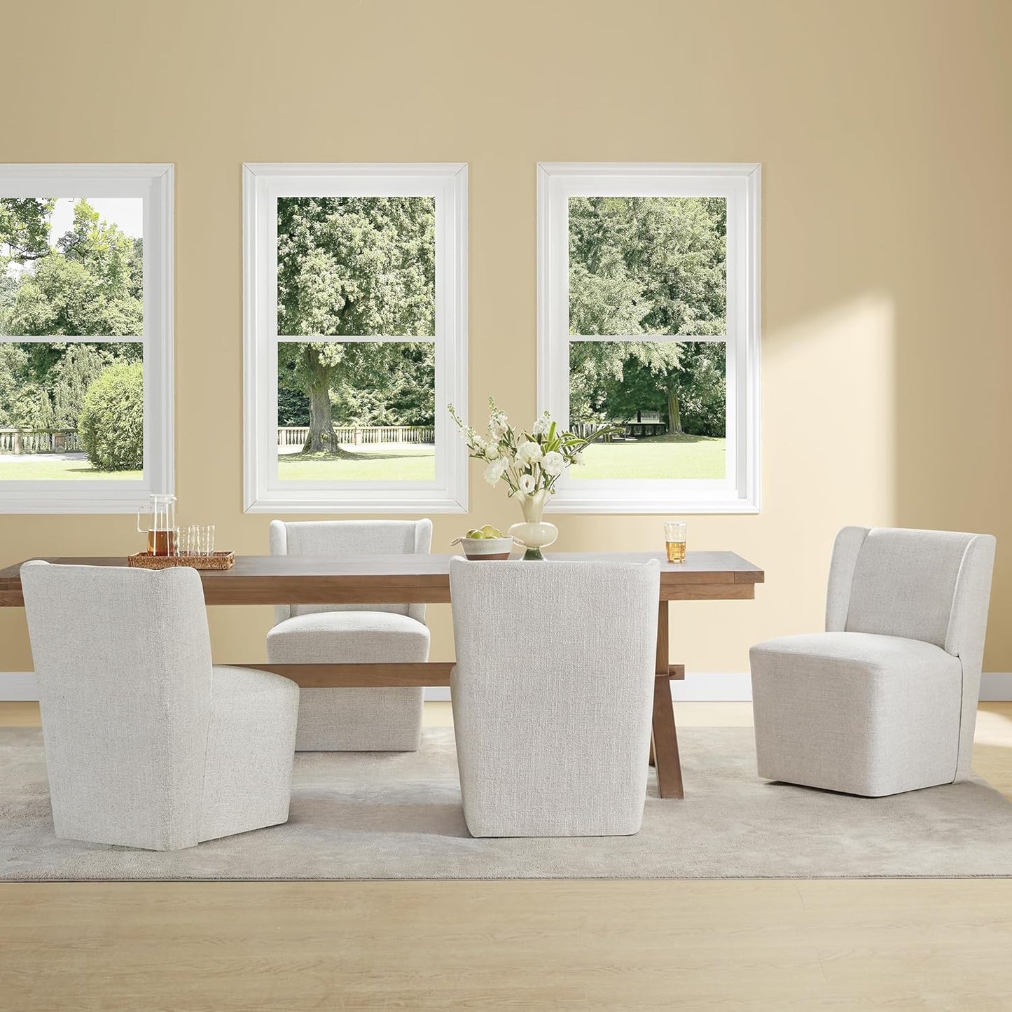 Upholstered Dining Chair with Casters Wingback Modern Side Armless Deskchair with Rollers for Diningroom Bedroom Livingroom Reading Room,Linen,2 Box