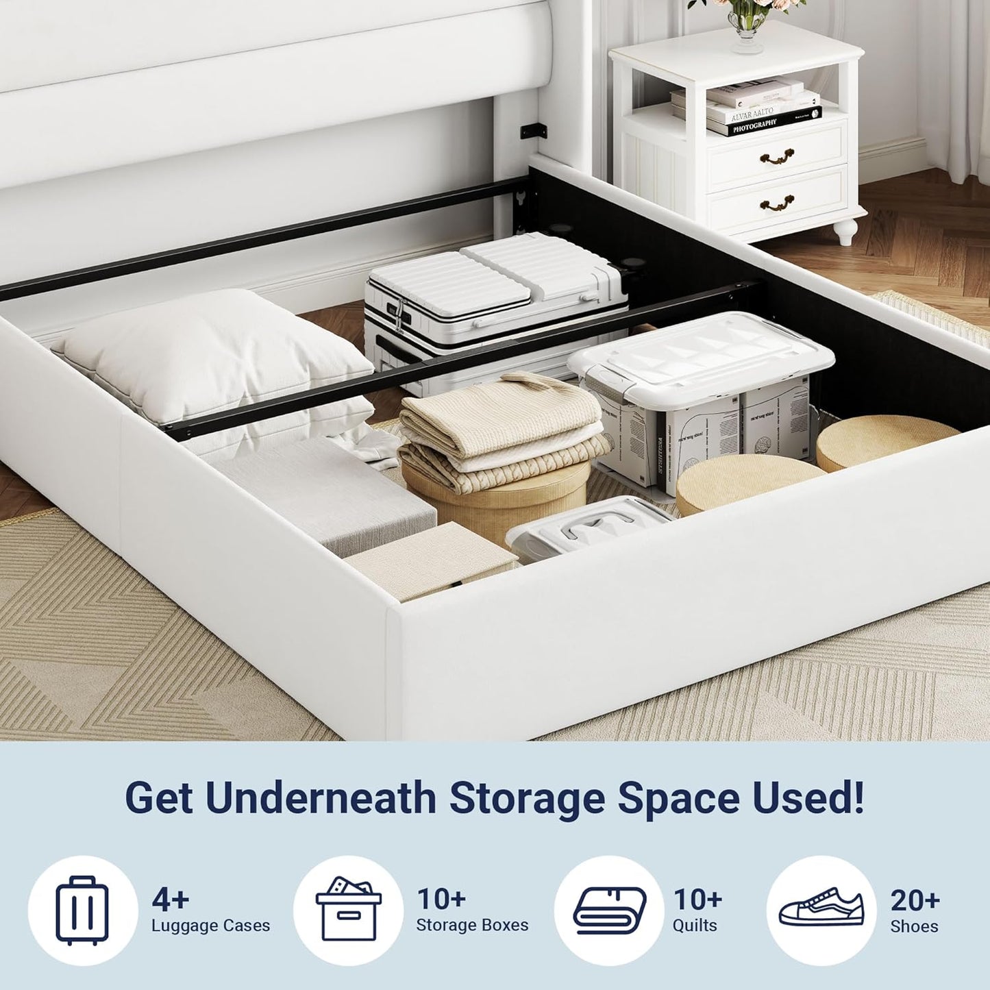 Allewie Queen Size Velvet Lift Up Storage Bed, Modern Wingback Headboard, Hydraulic Support, No Box Spring Needed, White