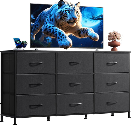 WLIVE 47''W Dresser for Bedroom, Black Dresser TV Stand for 45, 50, 55 inch TV, Wide Chest of Drawers with 9 Drawer, Large Entertainment Center, Fabric Dressers with Wood Top for Closet, Living Room