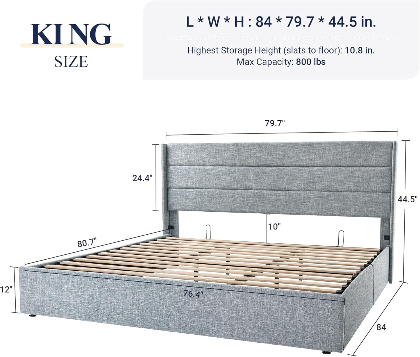 Allewie King Size Lift Up Storage Bed, Modern Wingback Headboard, Hydraulic Support, No Box Spring Needed, Grey Blue