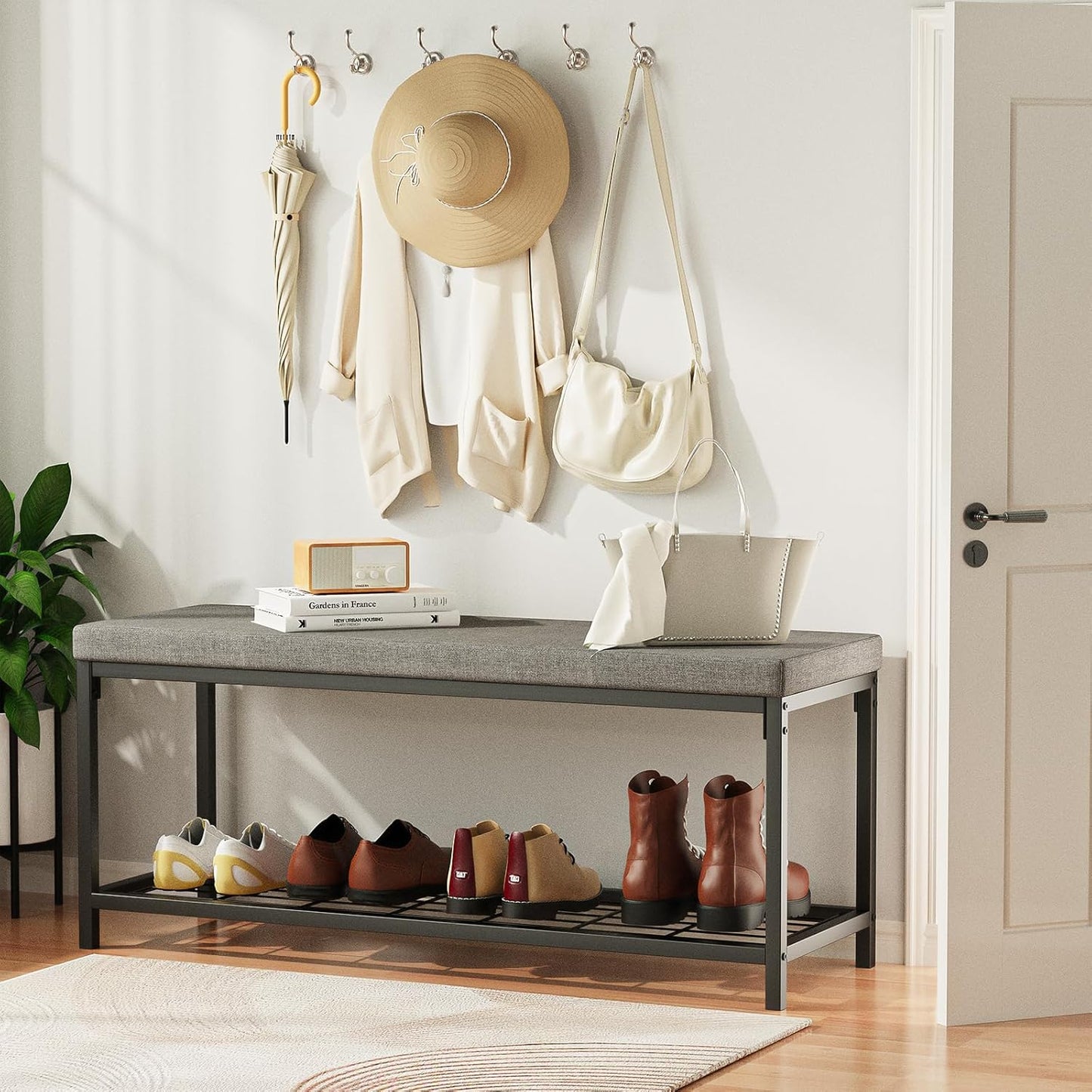 Shoe Bench, Entryway Bench with Cushion Seat, Shoe Rack Bench with Storage, Modern Style, Holds Up to 350 lb, for Living Room, Bedroom, Hallway, Grey