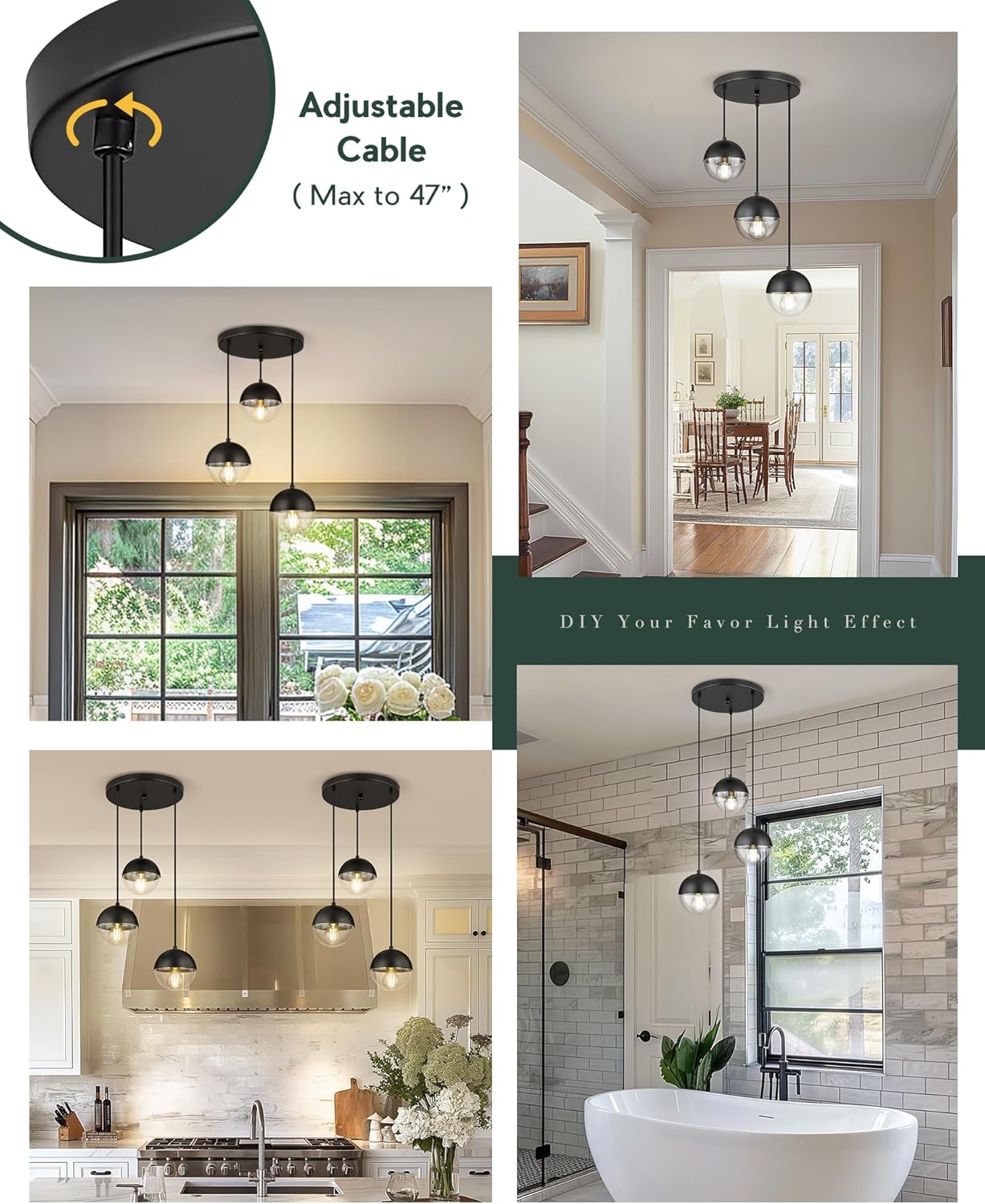 LMS Modern 3-Light Cluster Pendant Lights, Matte Black Kitchen Island Light Fixtures with Clear Globe Glass Shade, Adjustable Hanging Light for Bathroom Bedroom Dining Room Living Room, LMS-186BKC3