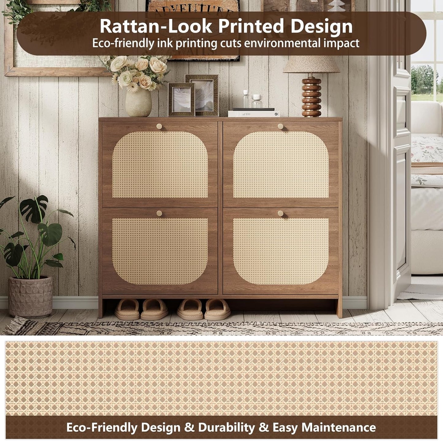 Nicetree Shoe Cabinet Storage for Entryway, Farmhouse Slim Shoe Organizers with 4 Flip Drawers, Freestanding Large Shoe Rack with 3-Tier Adjustable Shelves for Hallway,Foyer, Rustic (Oak)