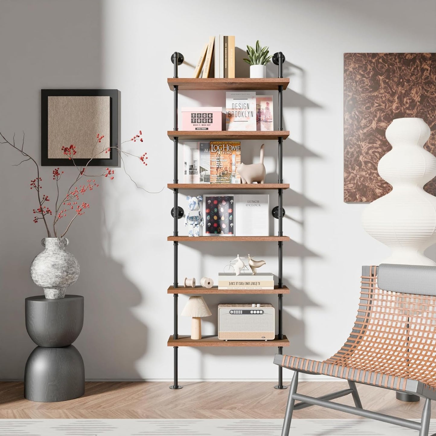 Pipe Industrial Shelves, Wall Mounted Wood Metal Ladder Rustic Bookshelf (Walnut Color, 6 Tier - 10" D x 30" W x 82.5" H)