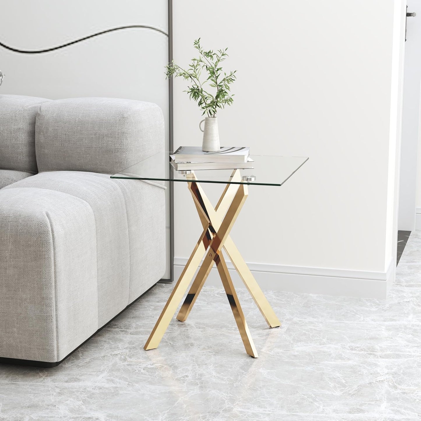 Side Table Set of 2, Modern End Table Set with Tempered Glass Top and Metal Legs for Home Office (Gold)