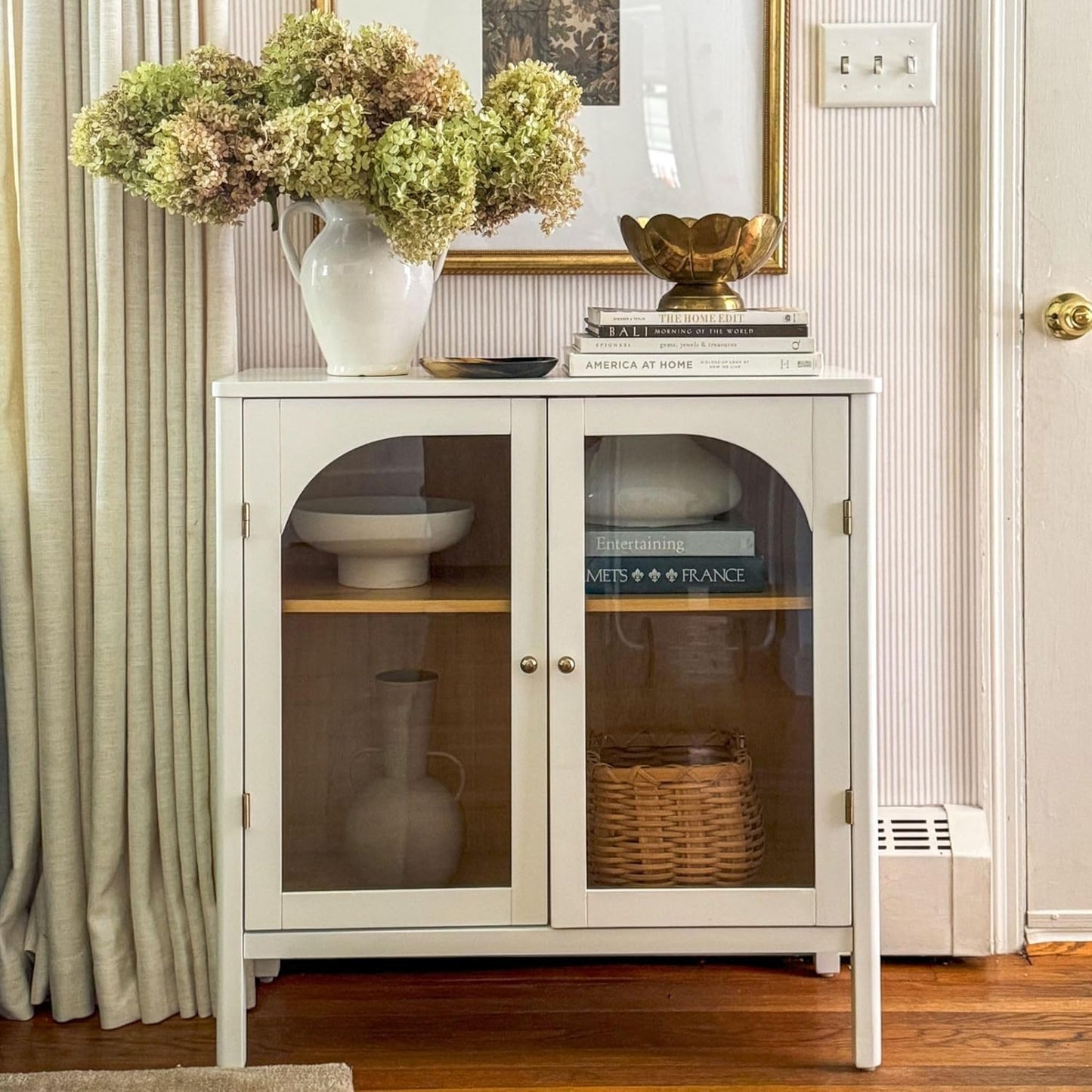 Nathan James Mason Wood Storage Cabinet Accent Sideboard Buffet Credenza TV Stand with Glass Doors and Adjustable Shelf for Dining Room, Entryway or Living Room, Clear Glass/White/Light Oak, Set of 2