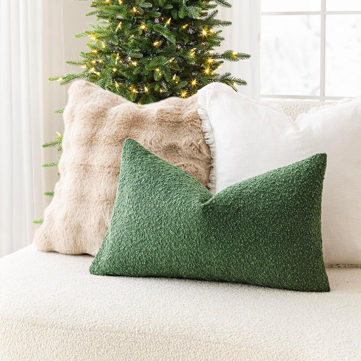 Foindtower Pack of 2 Textured Boucle Throw Pillow Covers Accent Solid Decorative Lumbar Pillow Cases Cozy Couch Cushion Case for Chair Sofa Bed Living Room Home Decor 12 x 20 Inch Hunter Green