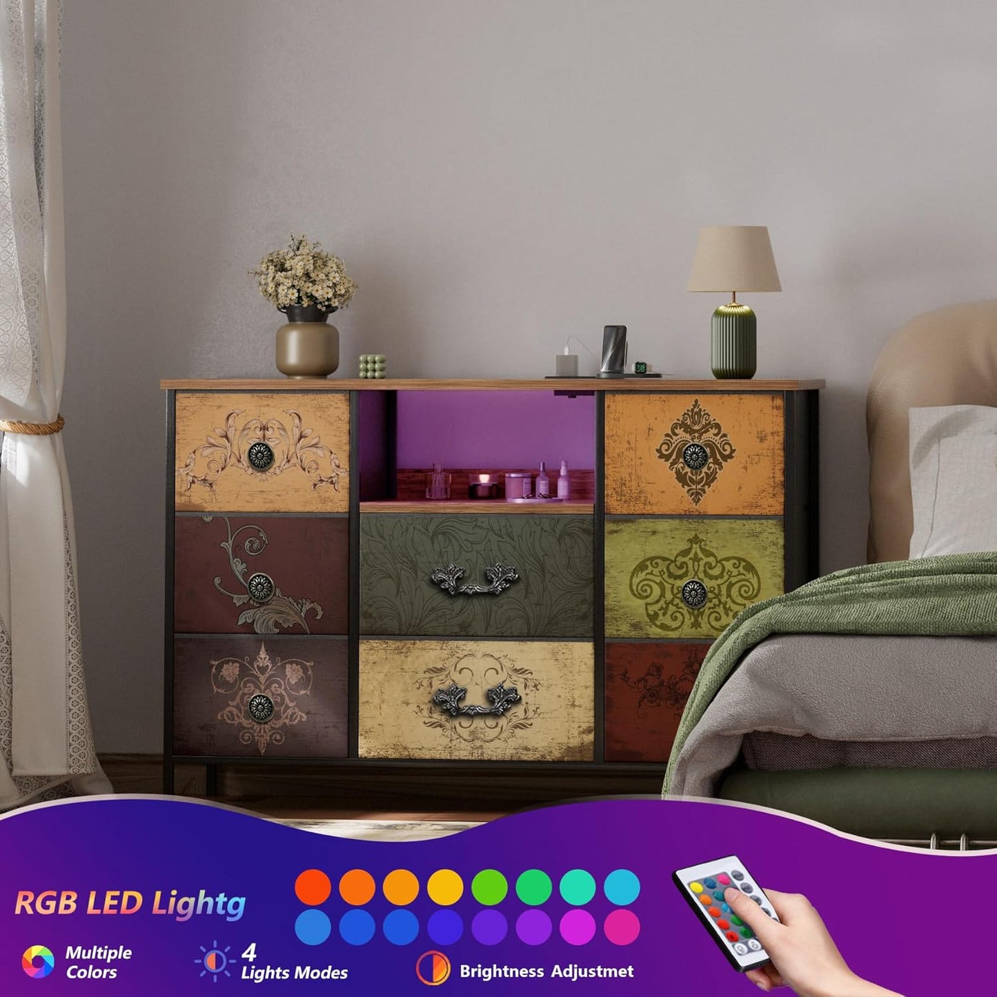 Pattern Dresser with LED Lights and Power Outlets, Dresser TV Stand with 8 Drawers for 55" TV, Fabric Chest of Drawers for Bedroom, Living Room, Entryway