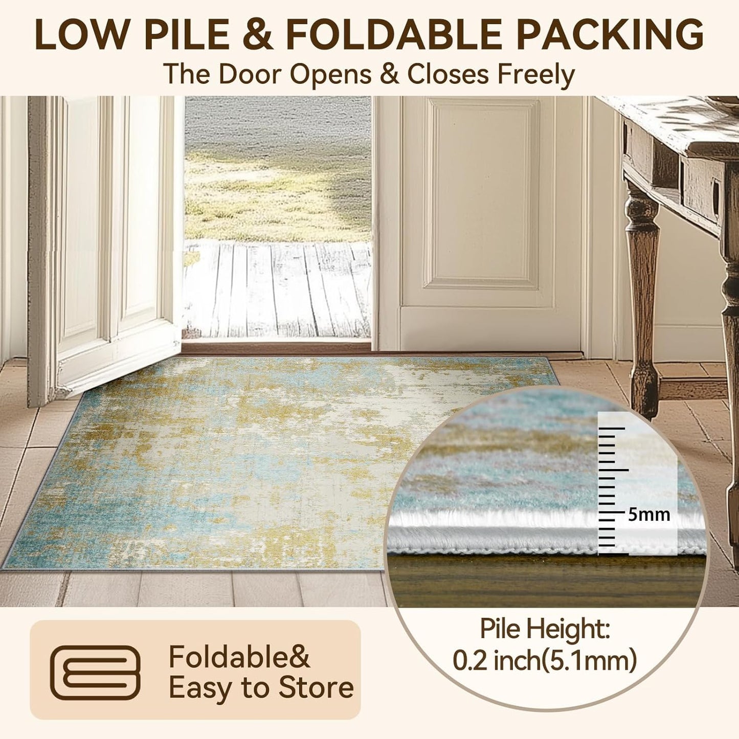 Washable Area Rugs 5'x7' Non-Slip Modern Abstract Soft for Living Room Entryway Bedroom Nursery, Print Pattern, Teal Blue Taupe