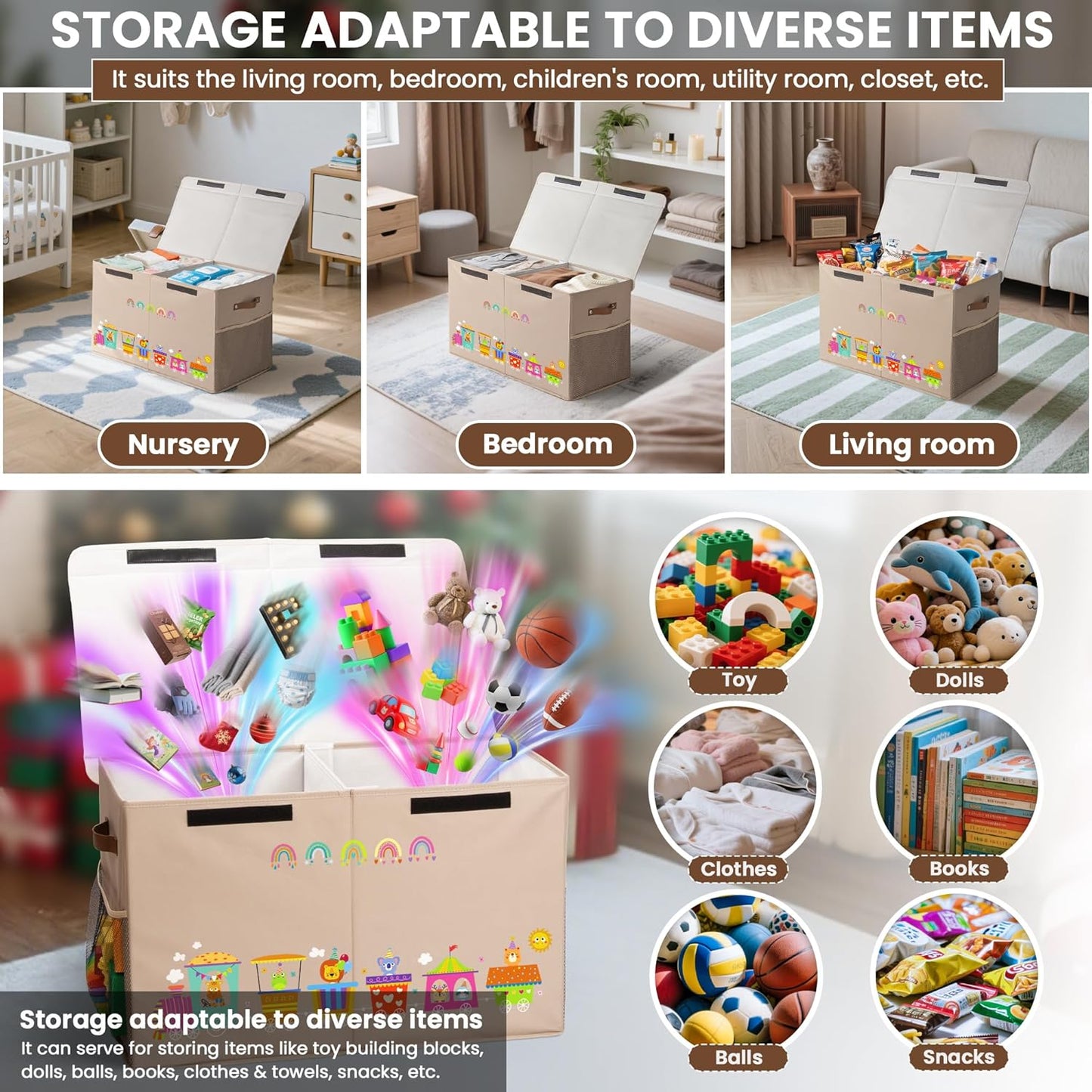 80L Large Toy Storage Box with Lid, Large Toy Box Chest for Kids, Girls and Boys, Nursery Room and Living Room, 26"x13" x16" (Dark Khaki-train)