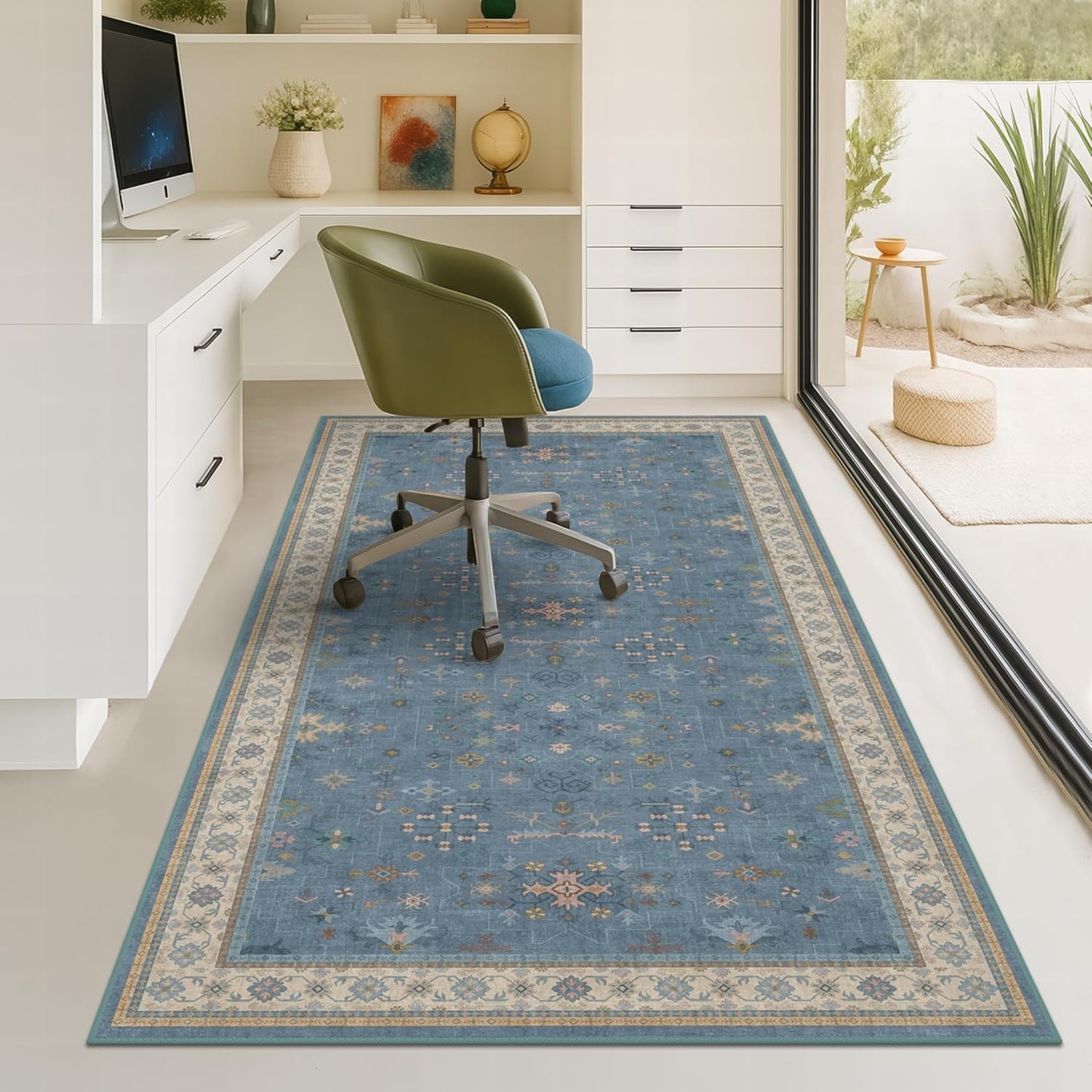 Washable 4x6 Small Rug for Living Room, Area Rug for Kitchen, Bedside, Large Entryway Indoor - Stain Resistant Non Slip with Rubber Backing, Unique Floral Aethestic Décor, Light Blue & Aqua