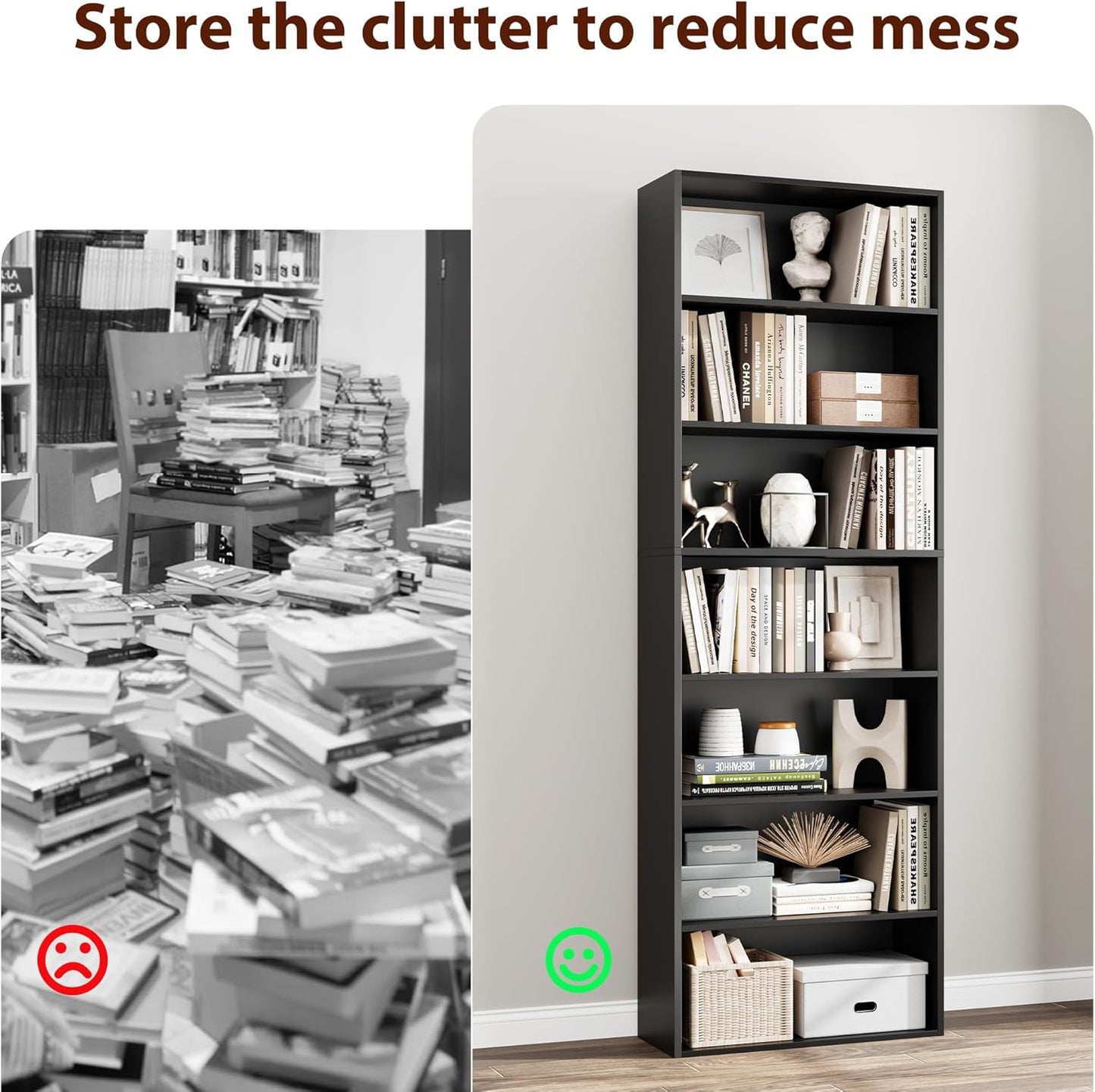 82" Tall Bookshelf, 7-Tier Open Shelves Bookcase, Freestanding Display Storage Shelves, Tall Bookcase Home Decor Furniture for Home Office, Living Room, Bedroom, Black