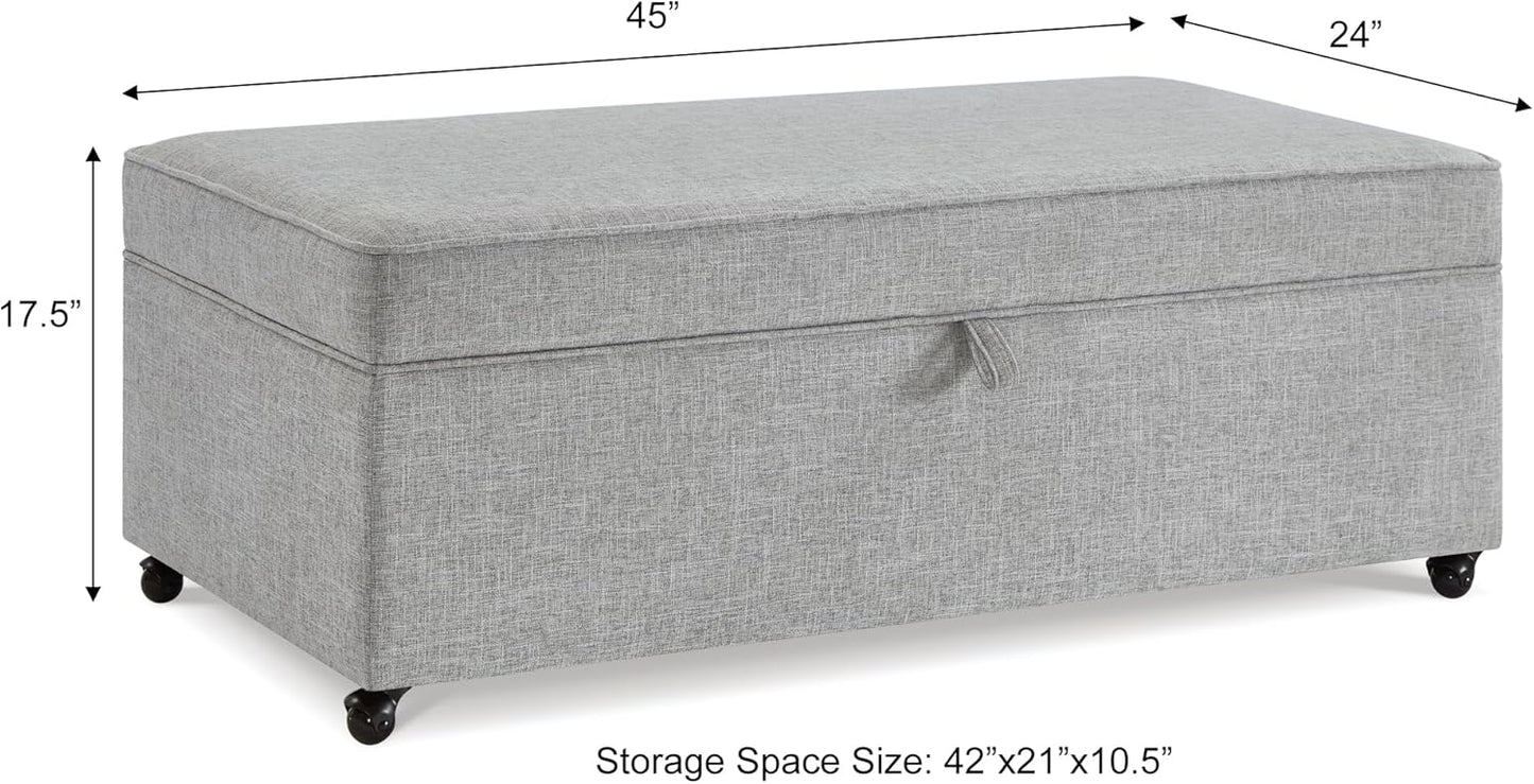 Ball & Cast 45" Sofa Ottoman with Storage, Linen Upholstered Bench with Rotation Casters and Safety Hinge for Living Room, Multi-Function Coffee Table,Gray