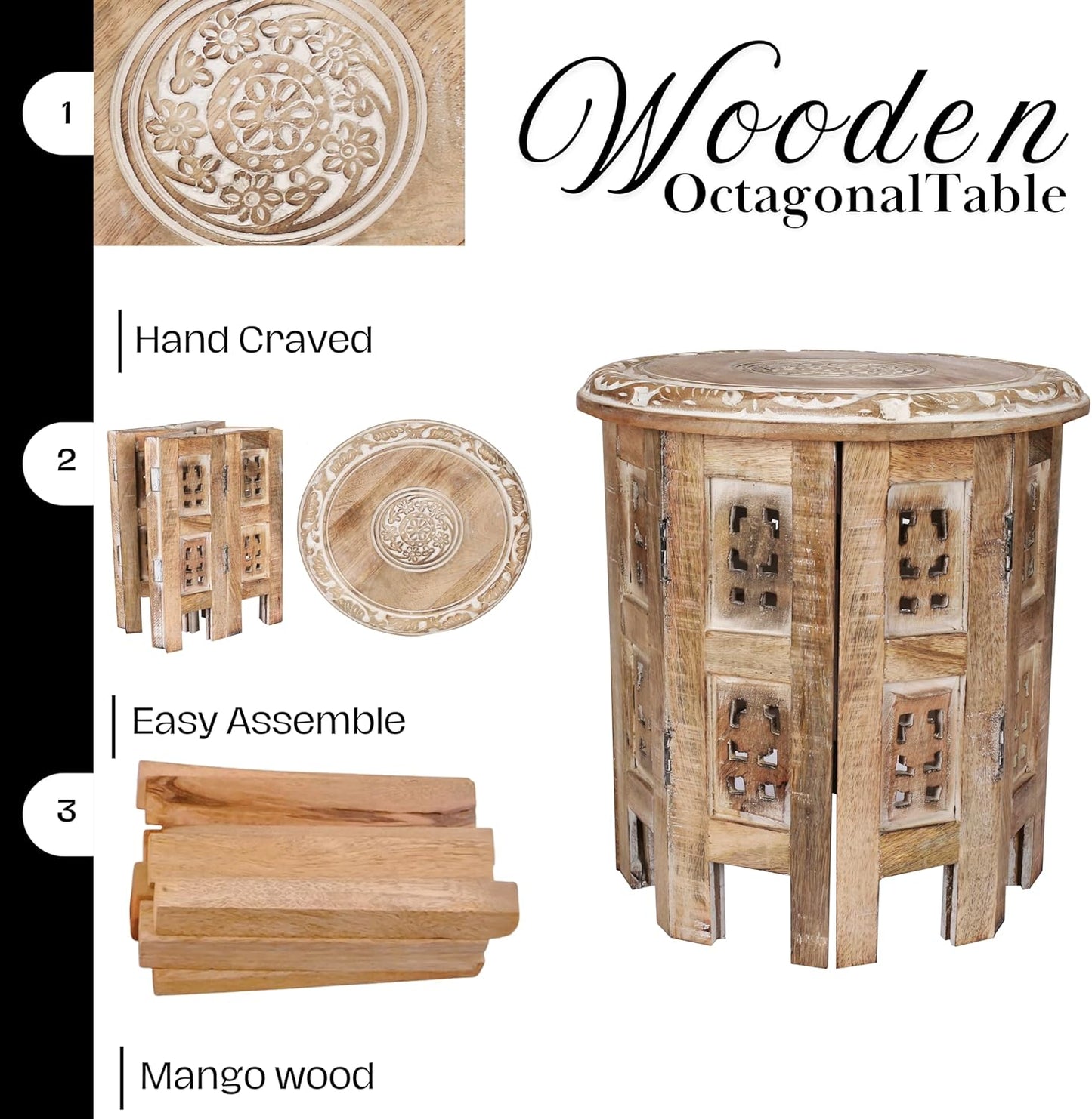 Versatile Octagonal Wooden Table – 12" Round Top, 12" Height – Rustic White-Wash Coffee Table, Side Table, or End Table for Living Room, Bedroom, or Kids’ Room