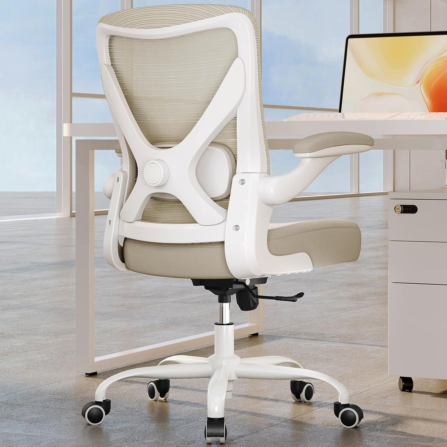Ergonomic Office Chair - X-Shaped Computer Desk Chair Comfy, Gaming Chair, Office Chair with Lumbar Support, Mesh Office Chairs, Desk Chair for Long Hours(White Beige)