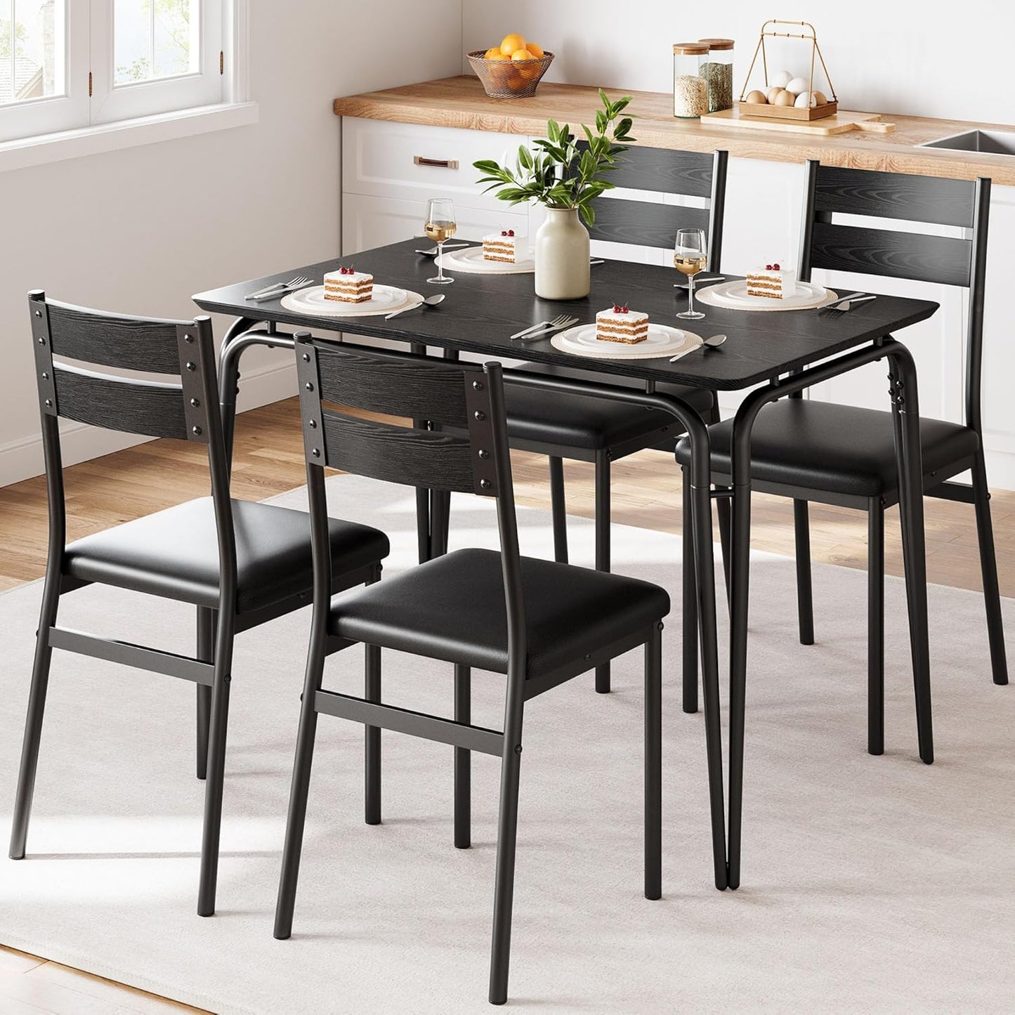 Dining Table for 4, Small Table and Chairs Set of 4, Square Dinette Set for 4, 5 Piece Kitchen & Dining Room Sets for Small Space (Black, Table with 4 Upholstered Chairs)