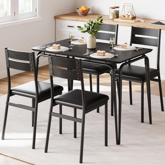 Dining Table for 4, Small Table and Chairs Set of 4, Square Dinette Set for 4, 5 Piece Kitchen & Dining Room Sets for Small Space (Black, Table with 4 Upholstered Chairs)