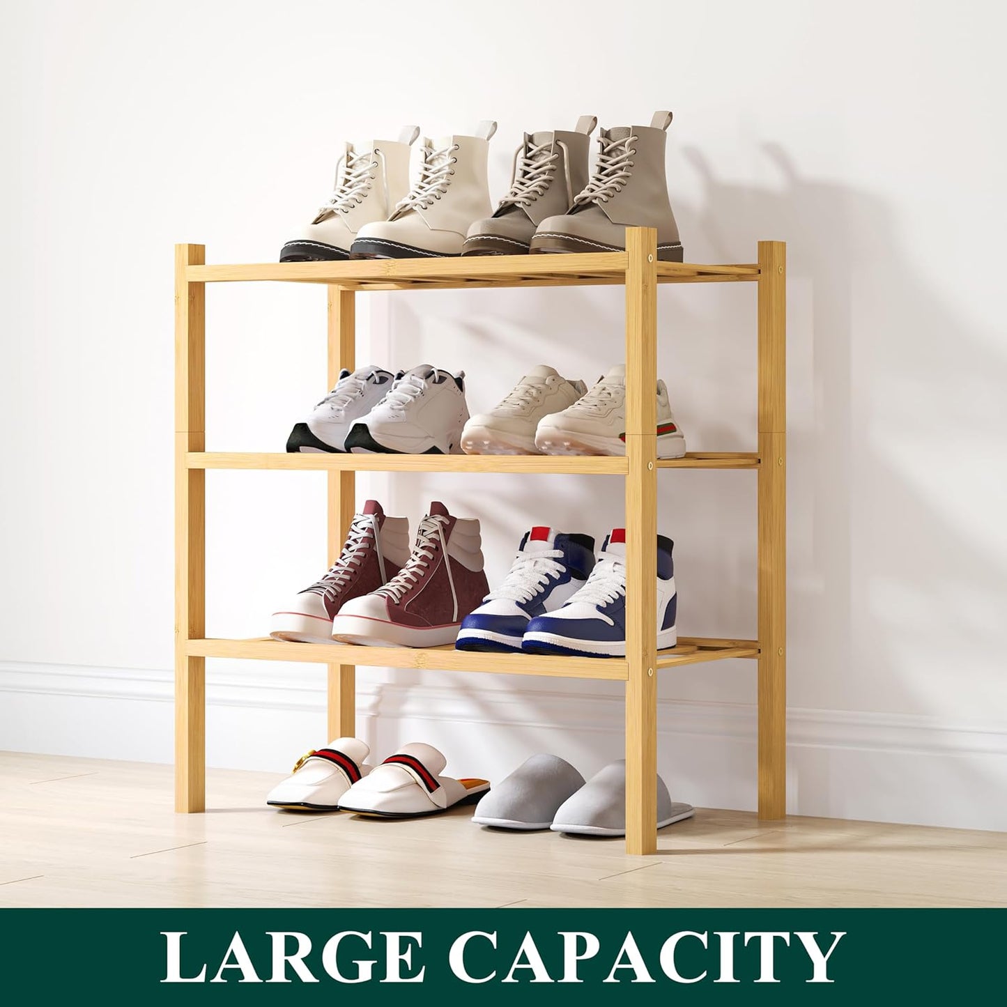 Smiry Shoe Rack, 3 Tier Small Bamboo Shoe Organizer, Stackable Free Standing Wooden Shoe Storage Shelf for Closet, Entryway, Front Door Entrance, Natural