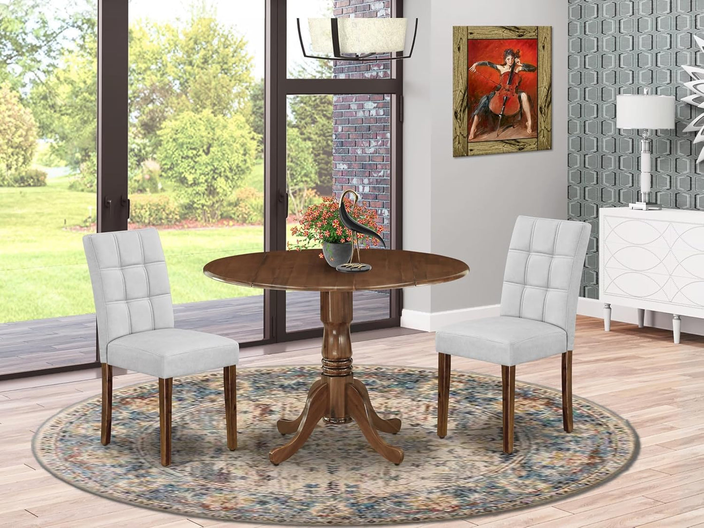 East West Furniture DLAS3-AWA-27 3 Piece Mid Century Modern Dining Set contain A Wood Table and 2 Light Gray Polyester Fabric Mid Century Modern Dining Chairs, Antique Walnut