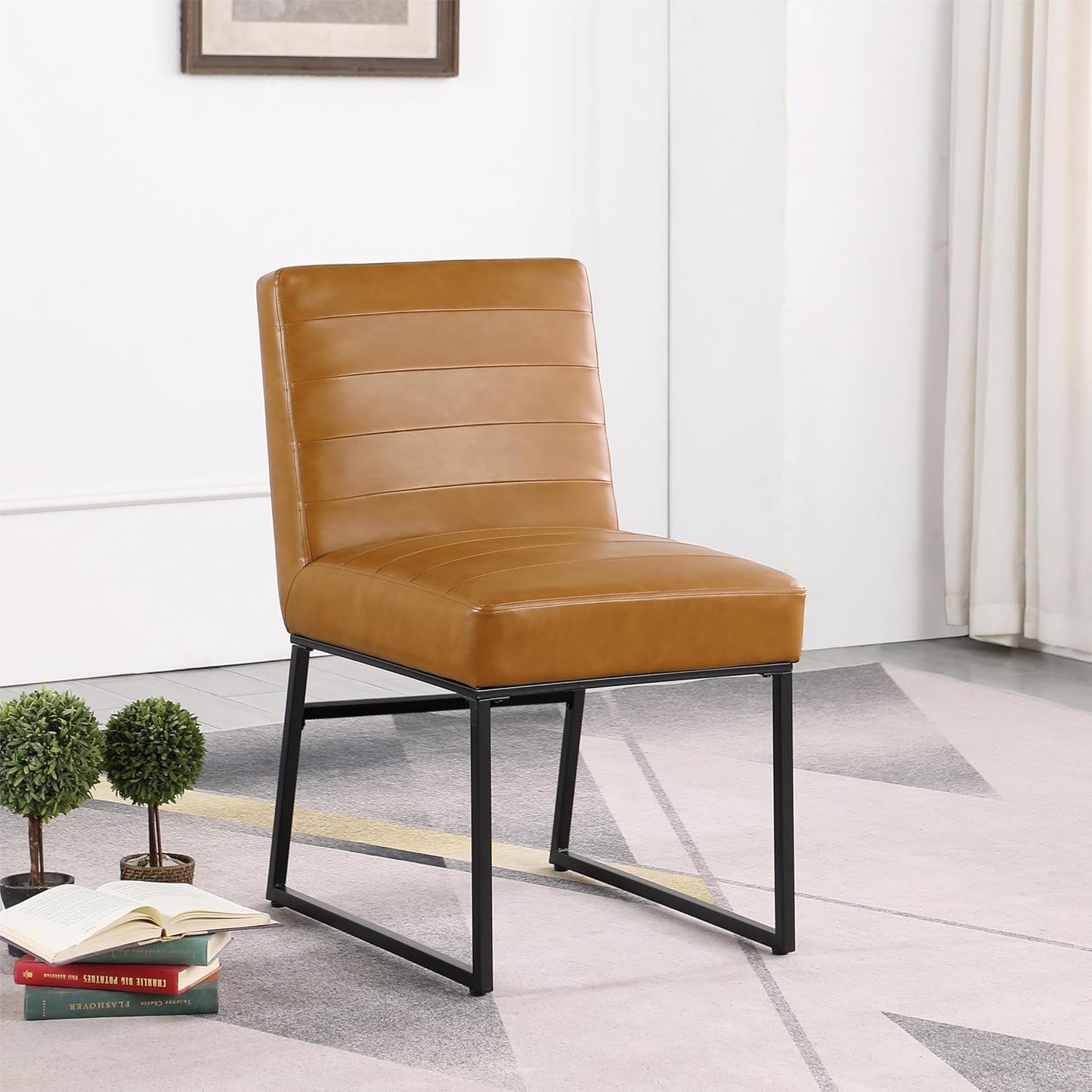 HomePop Channeled Metal Dining Chair Home Décor | Single Pack - Brown Faux Leather