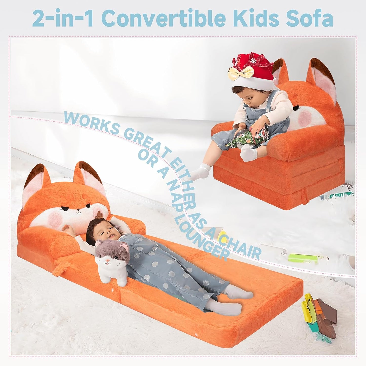 MONKISS Kids Couch, Comfy Toddler Chair, 2 in 1 Fold Out Kids Sofa to Lounger, Baby Sleeper Chair, Toddler Furniture, Birthday Gifts for Boys and Girls, 1~4 Years Old, Cute Fox