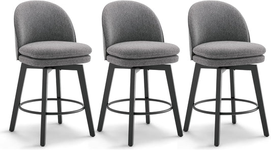 Counter Height Barstools 26 inch Upholstered Swivel Bar Stools with Back and Wood Legs for Kitchen Island,Set of 3,Dark Grey Fabric-Armless