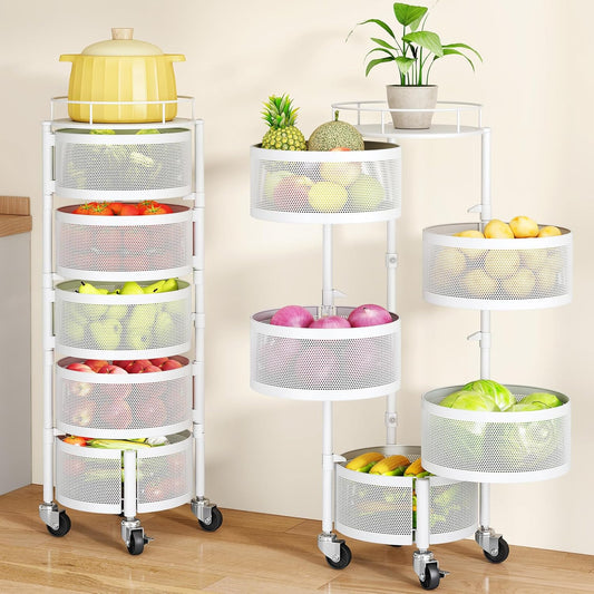 SAYZH Fruit Vegetable Basket for Kitchen, Rotating Storage Rack, 5 Tier Rolling Cart with top lid, Large Metal Wire Wheels (White)