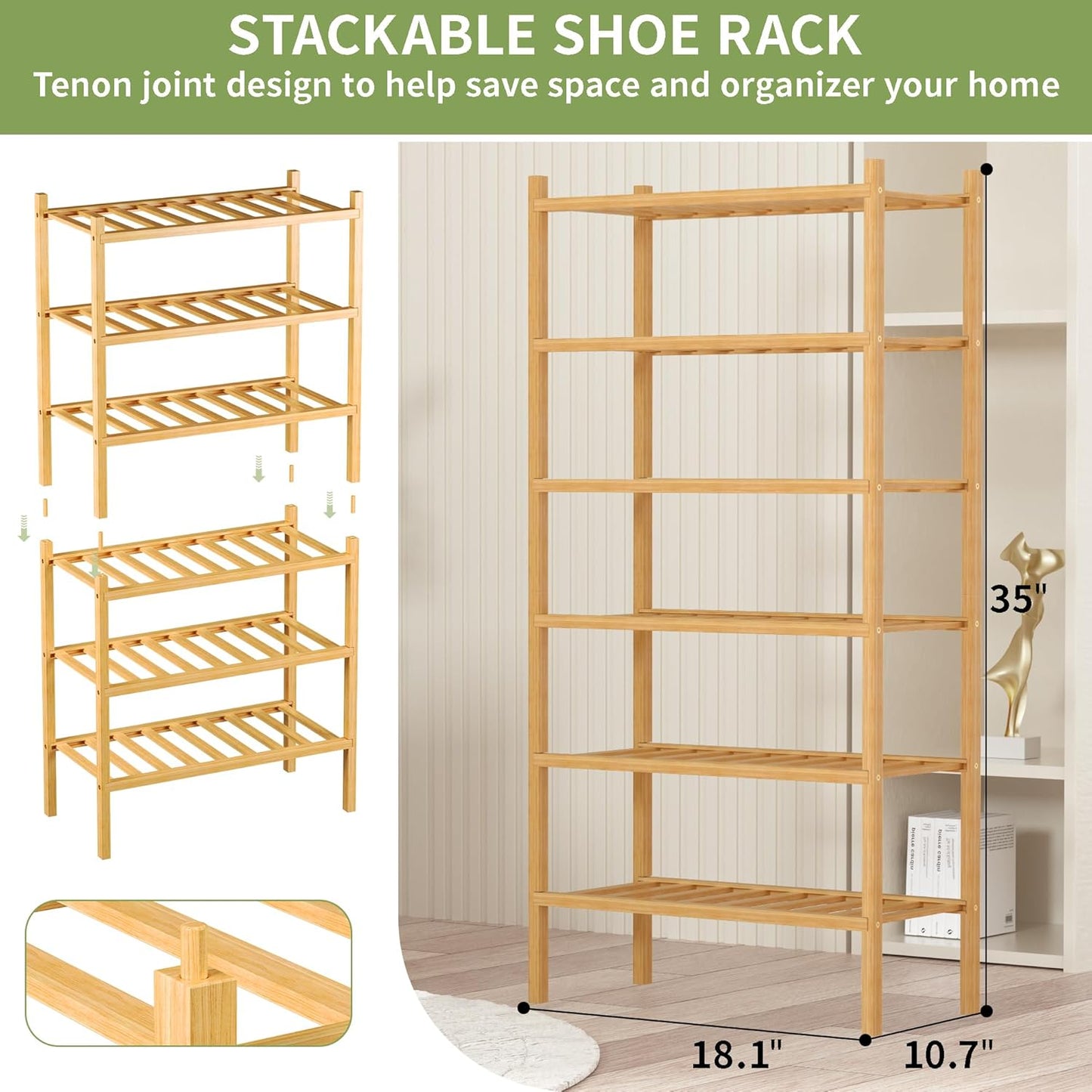 6-Tier Bamboo Small Shoe Rack, Free Standing Wood Shoe Shelf Storage Organizer for Closet Entryway Stackable (Natural)