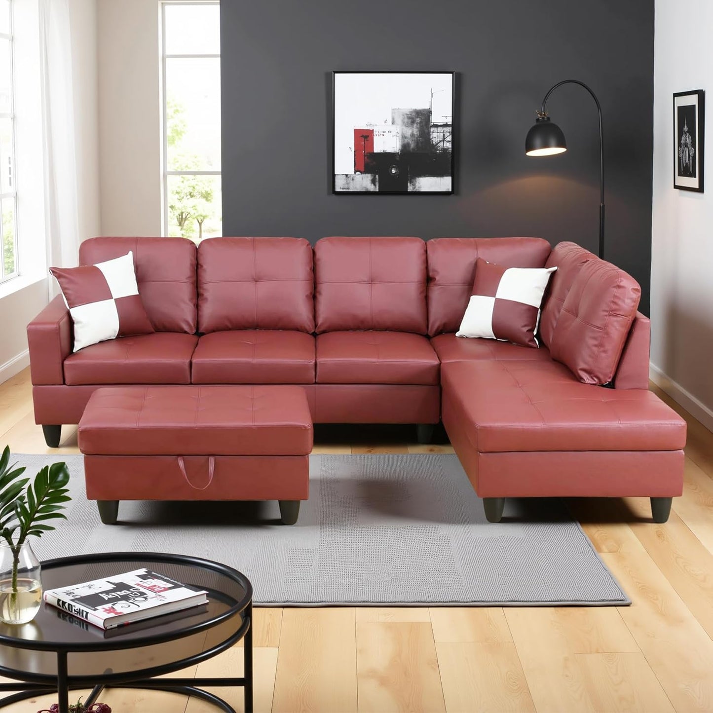 Couches for Living Room Faux Leather L Shaped Couch Comfy 3 Pieces Sectional Sofa with Chaise, Ottoman with Storage for Office and Small Apartment, Dark Red