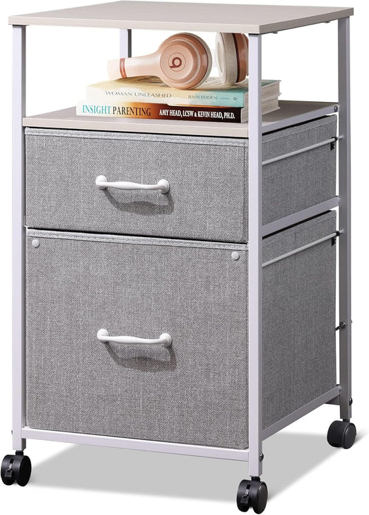 DEVAISE 2 Drawer Mobile File Cabinet, Rolling Printer Stand with Open Storage Shelf, Fabric Vertical Filing Cabinet fits A4 or Letter Size for Home Office, Light Grey