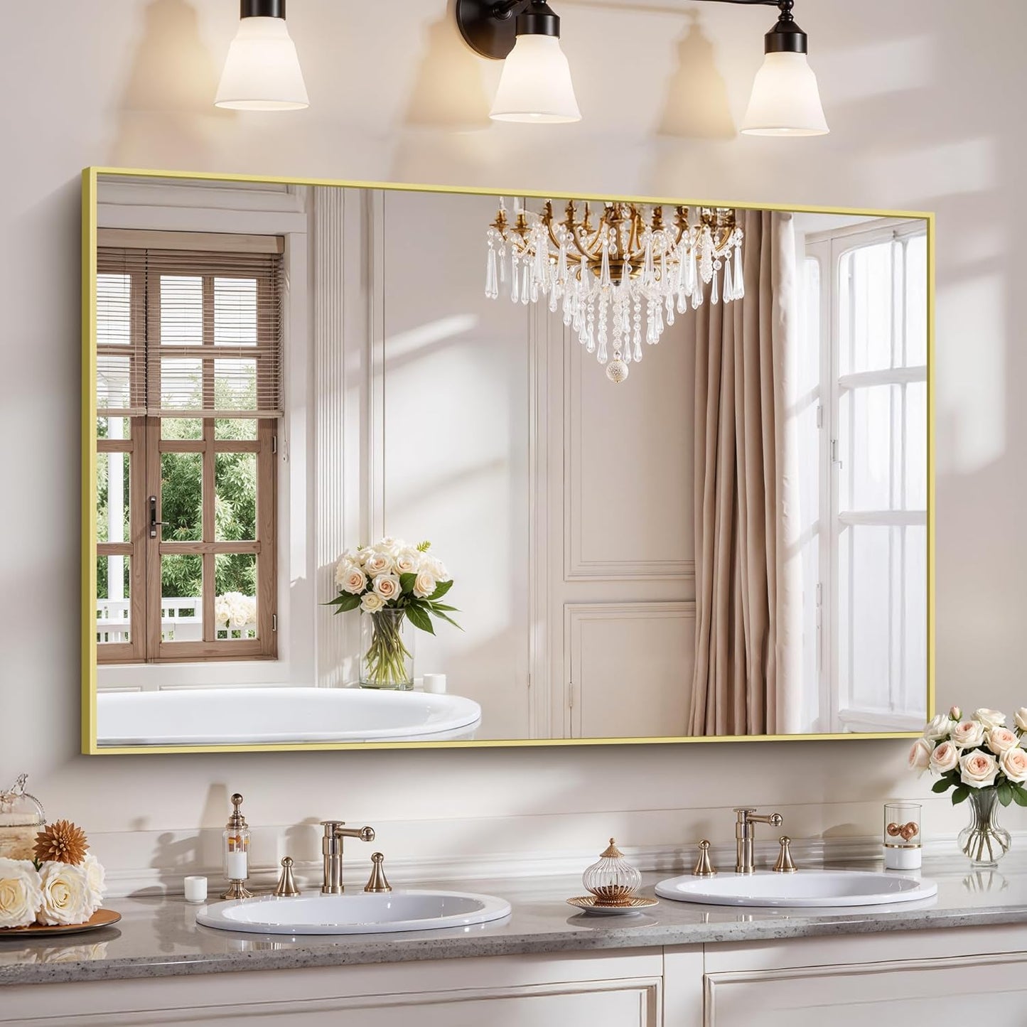 YIROMAN Bathroom Mirror 55"x36", Large Brushed Gold Bathroom Mirror for Over Sink with Aluminum Frame, Rectangular Vanity Mirror with Right Angle, Wall Mirror Hangs Horizontal or Vertical