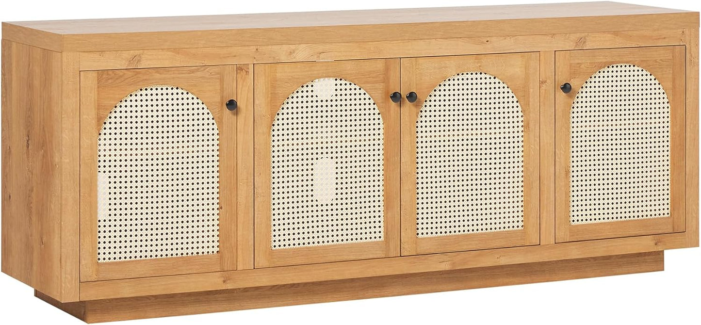 Walker Edison Sasha 4-Door Sideboard Buffet with Arched Rattan Panels, 70 Inch, English Oak