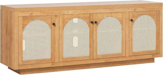 Walker Edison Sasha 4-Door Sideboard Buffet with Arched Rattan Panels, 70 Inch, English Oak