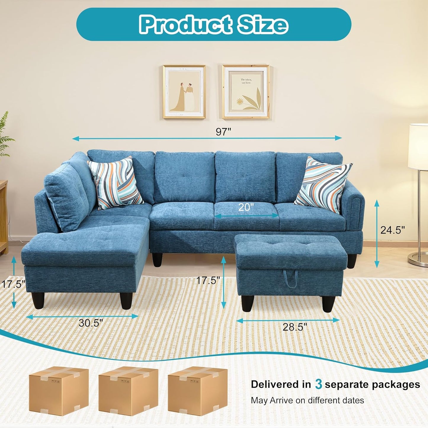 L Shaped Couch Modern Sectional Couch Upholstered Flannel Fabric 3 Pieces Sofas for Living Room with Chaise, Storage Ottoman for Office and Small Apartment, Blue