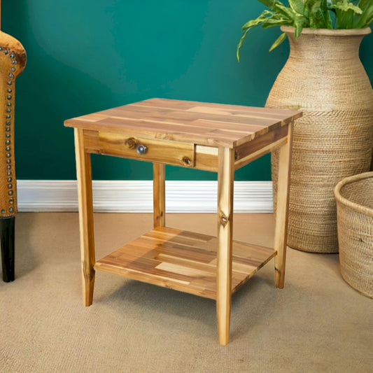 2-Tier Solid Acacia End Table w/Drawer