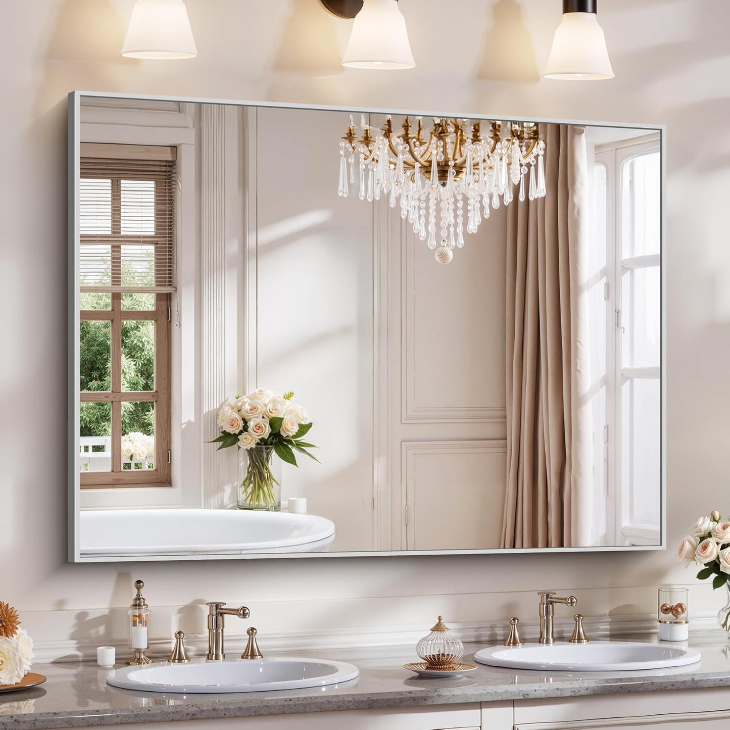YIROMAN Bathroom Mirror 48"x36", Large Brushed Silver Bathroom Mirror for Over Sink with Aluminum Frame, Rectangular Vanity Mirror with Right Angle, Wall Mirror Hangs Horizontal or Vertical